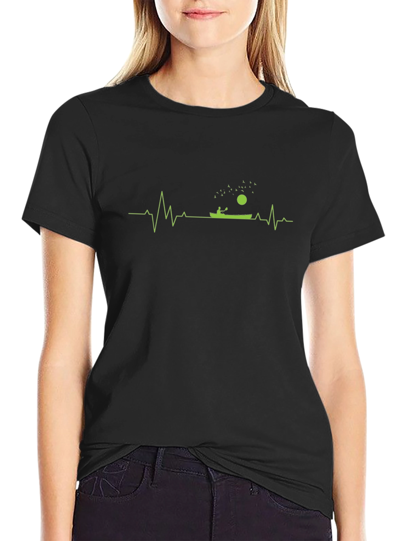Kayaking Heartbeat Graphic T-Shirt - Black