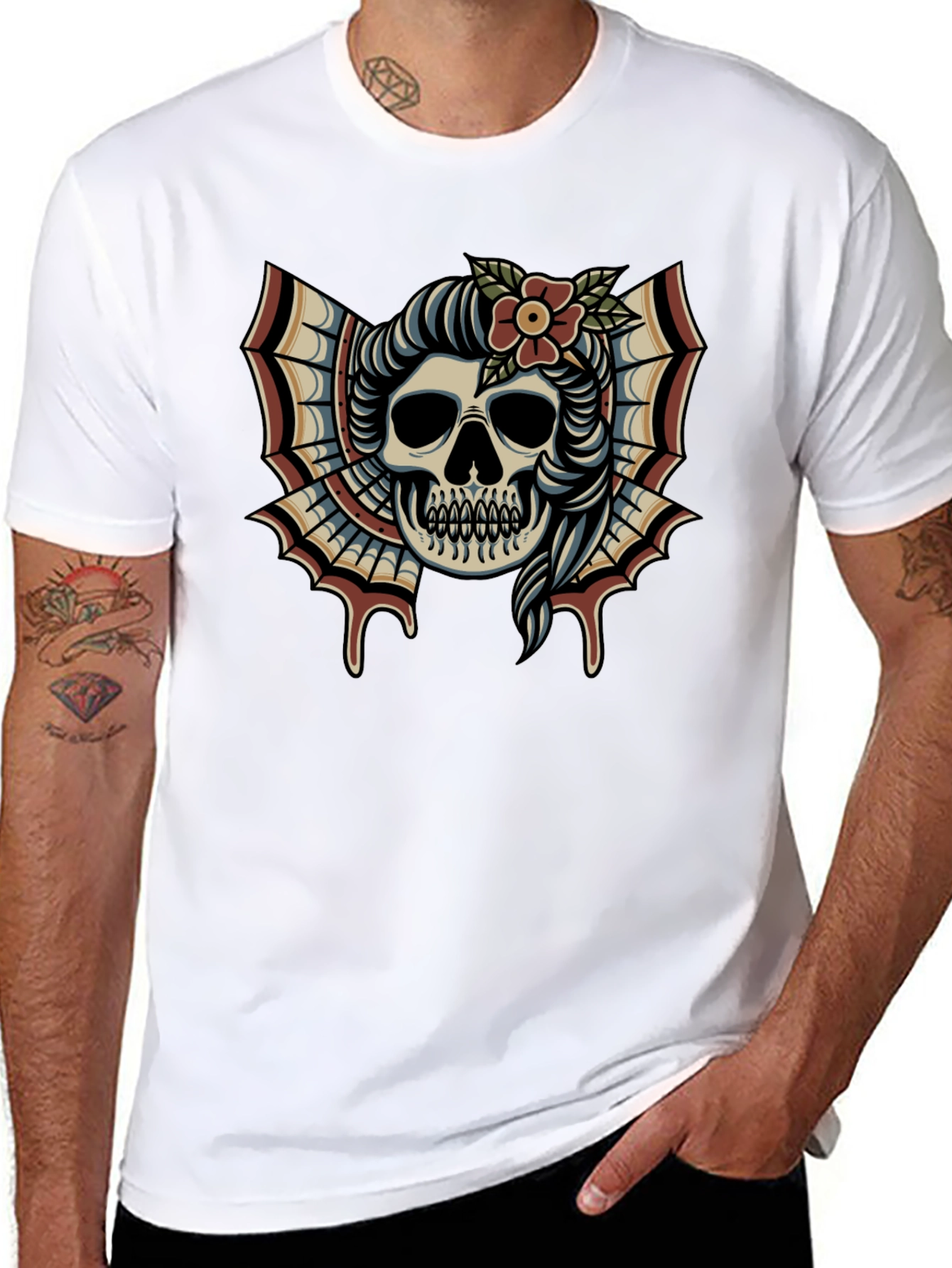 Skull & Flower Tattoo T-Shirt - Graphic Print Tee