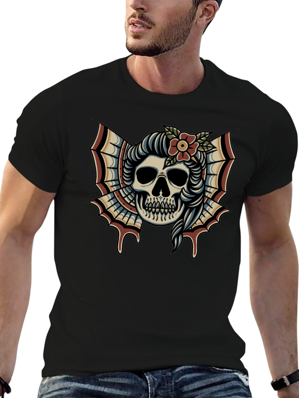 Skull & Flower Tattoo T-Shirt - Graphic Print Tee