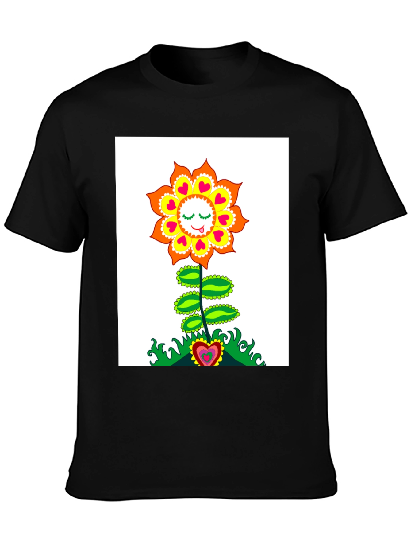 Groovy Heart Flower Graphic Tee - Black