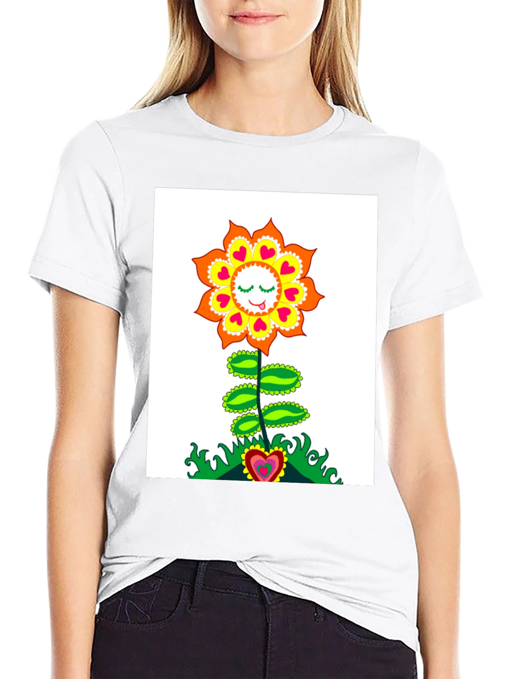 Groovy Heart Flower Graphic Tee - Black