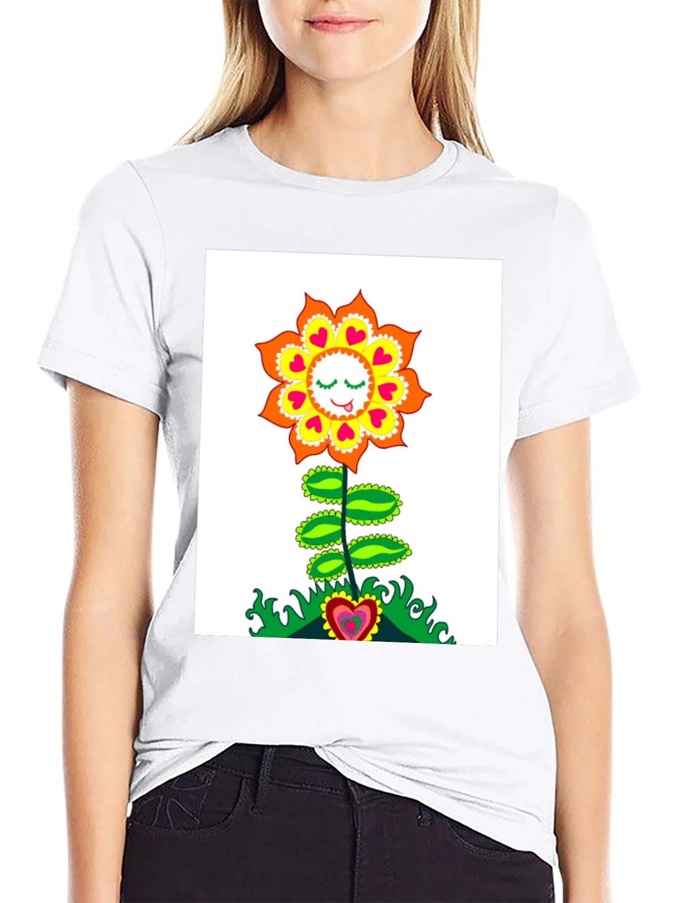 Groovy Heart Flower Graphic Tee - Black