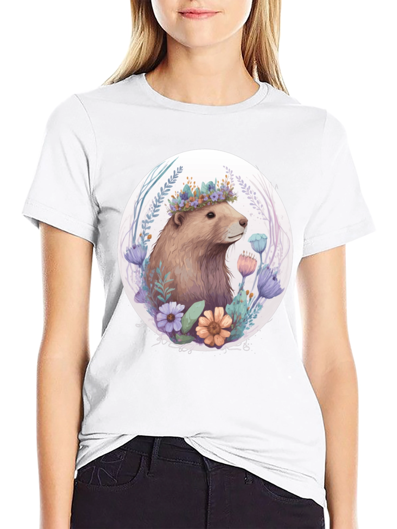 Floral Crown Beaver Graphic T-Shirt