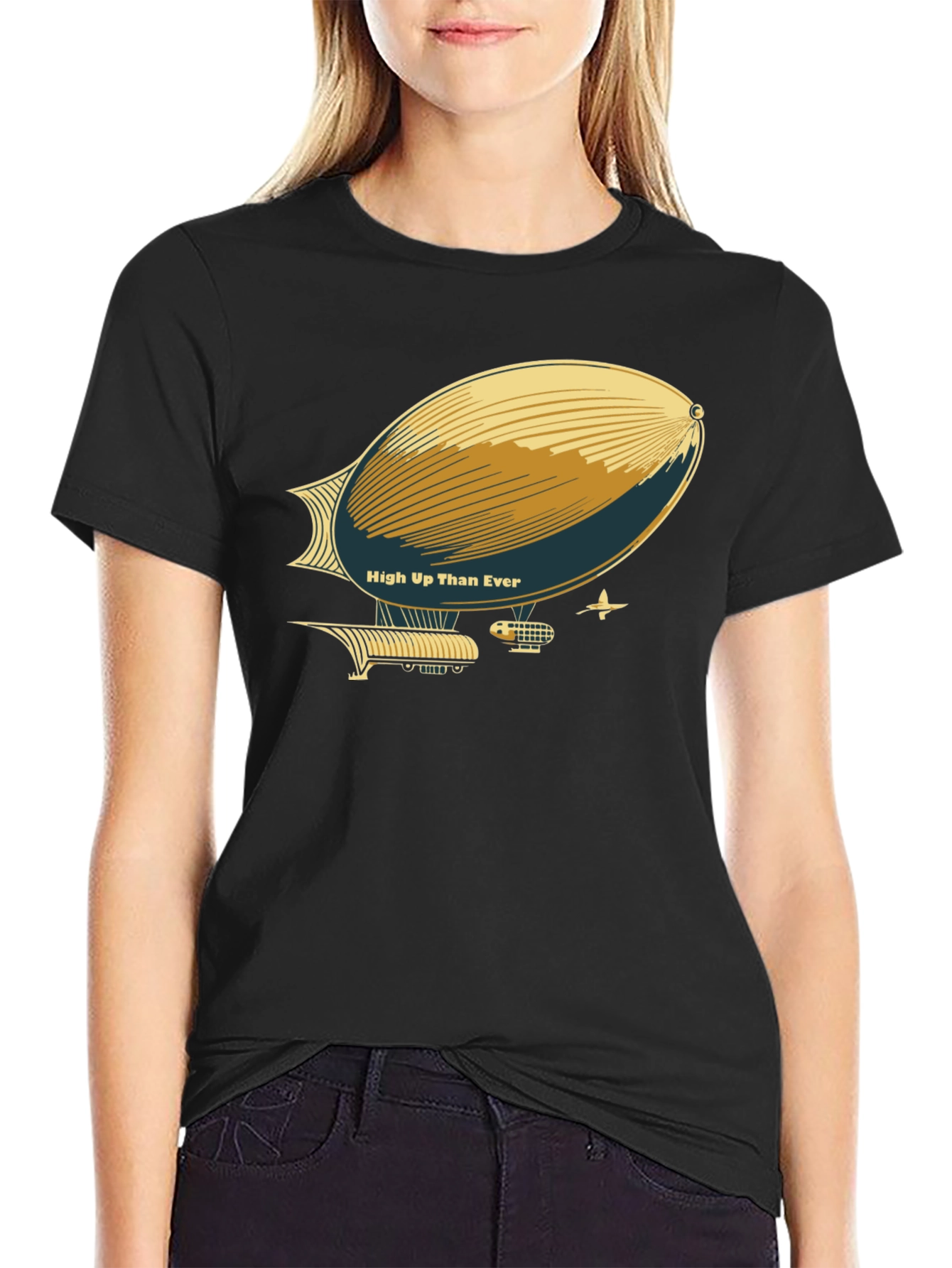 Vintage Airship T-Shirt - High Up Than Ever Black Cotton Tee