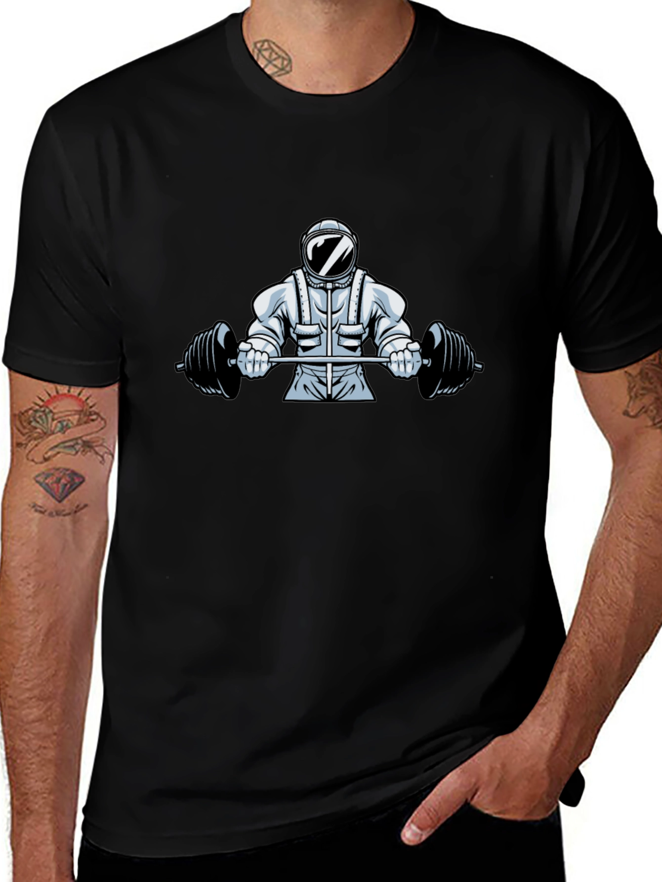 Astronaut Lifting Weights Graphic Tee - Cool Space Gym Shirt