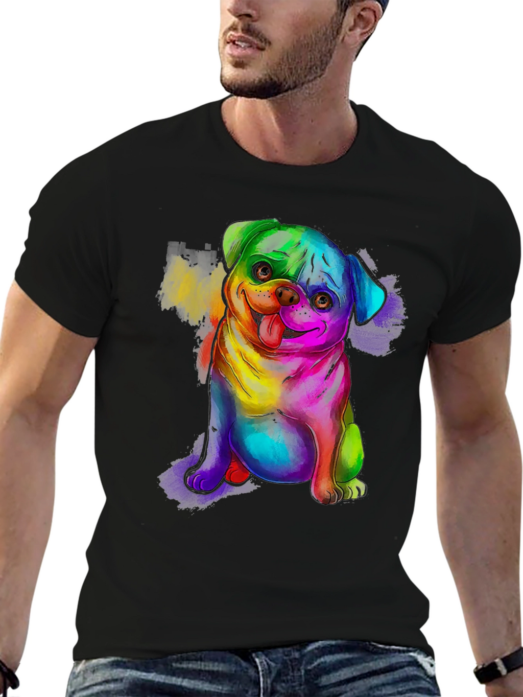 Rainbow Pug Graphic Tee - Mens Black T-Shirt