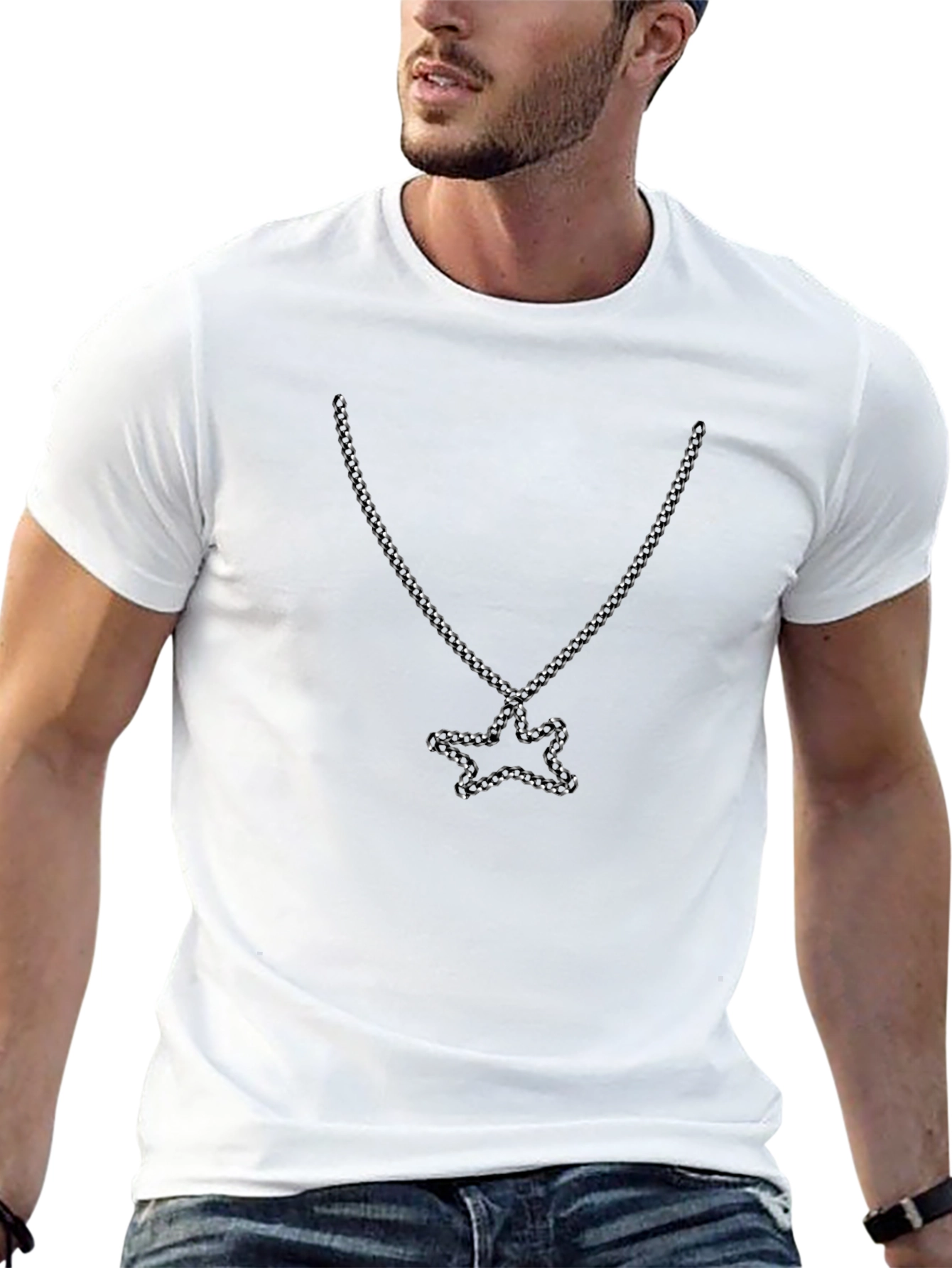 Mens Black Tee with Star Chain Graphic