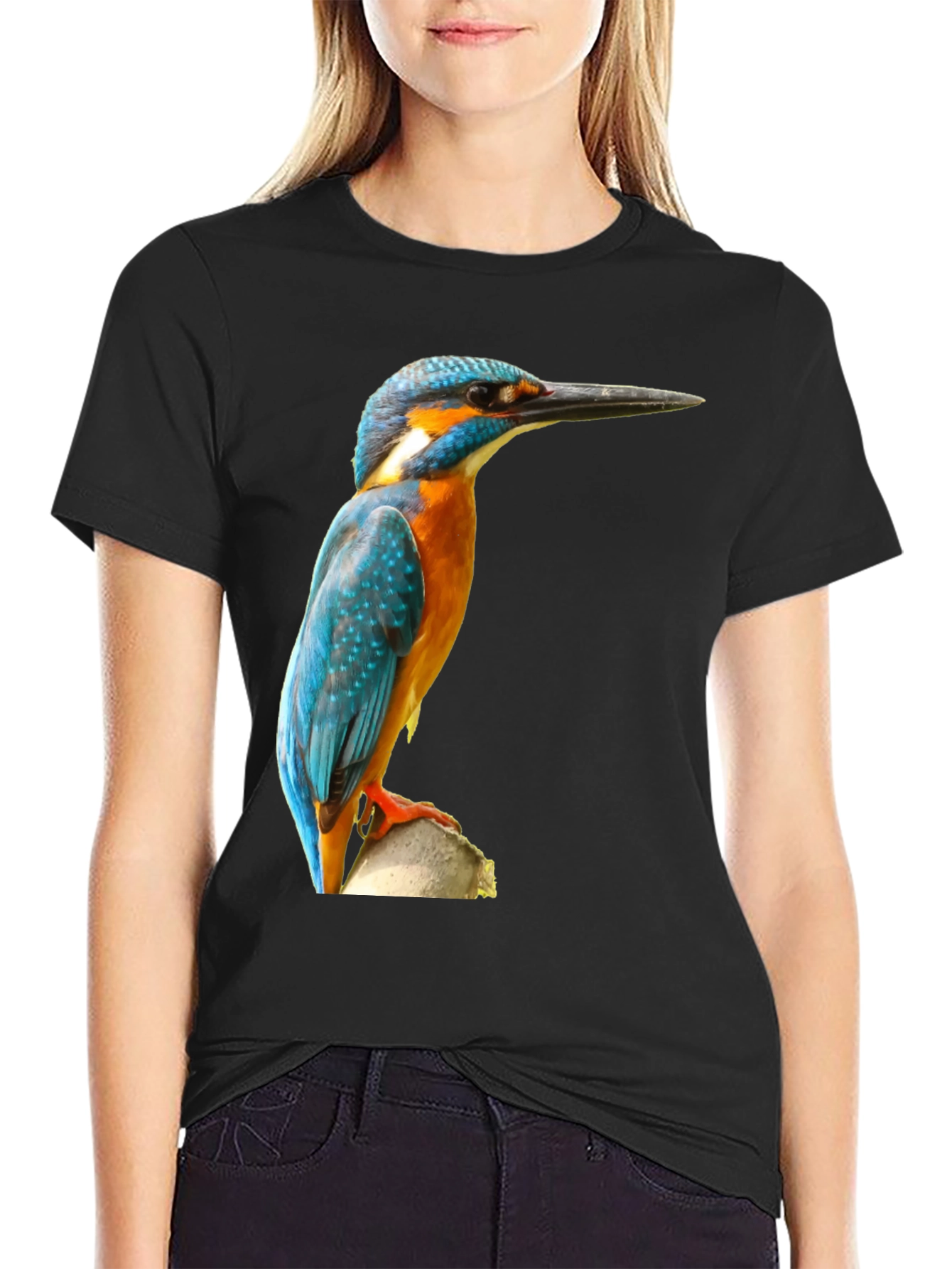Kingfisher Bird Print T-Shirt - Black