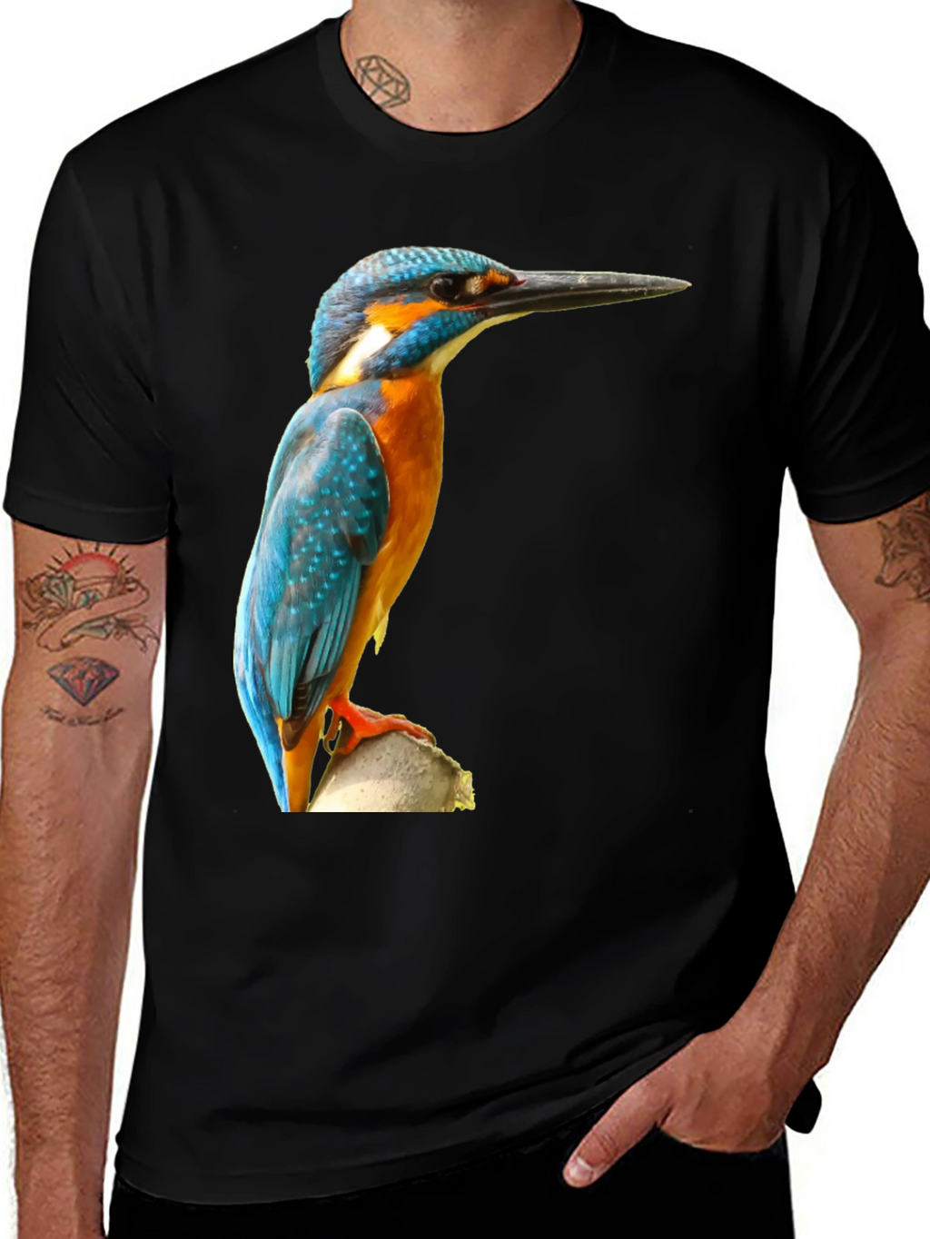 Kingfisher Bird Print T-Shirt - Black