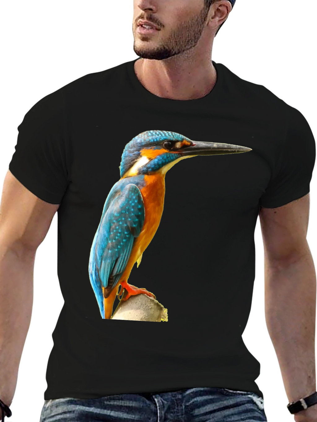 Kingfisher Bird Print T-Shirt - Black