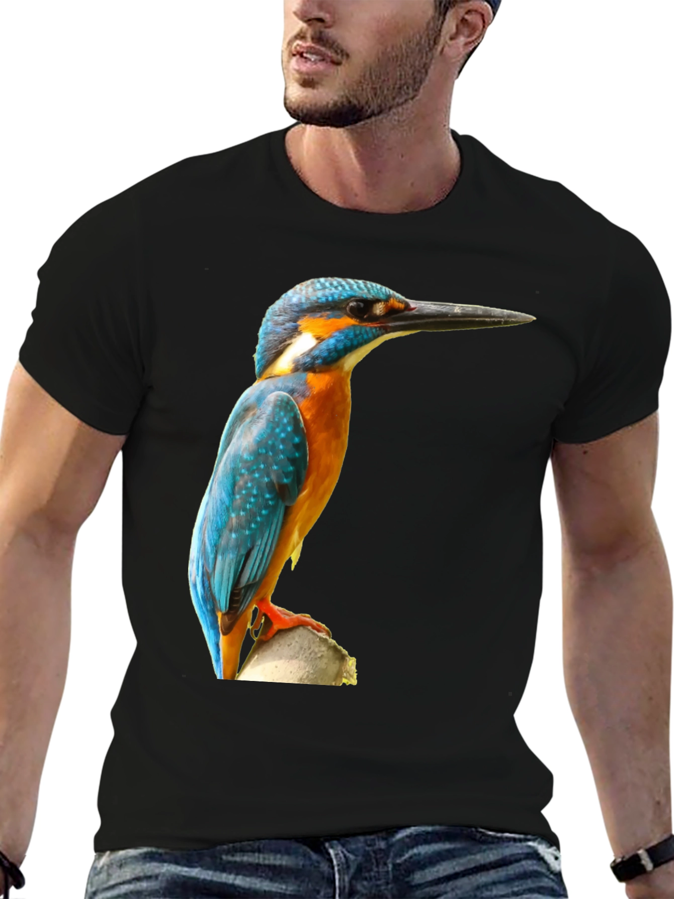 Kingfisher Bird Print T-Shirt - Black