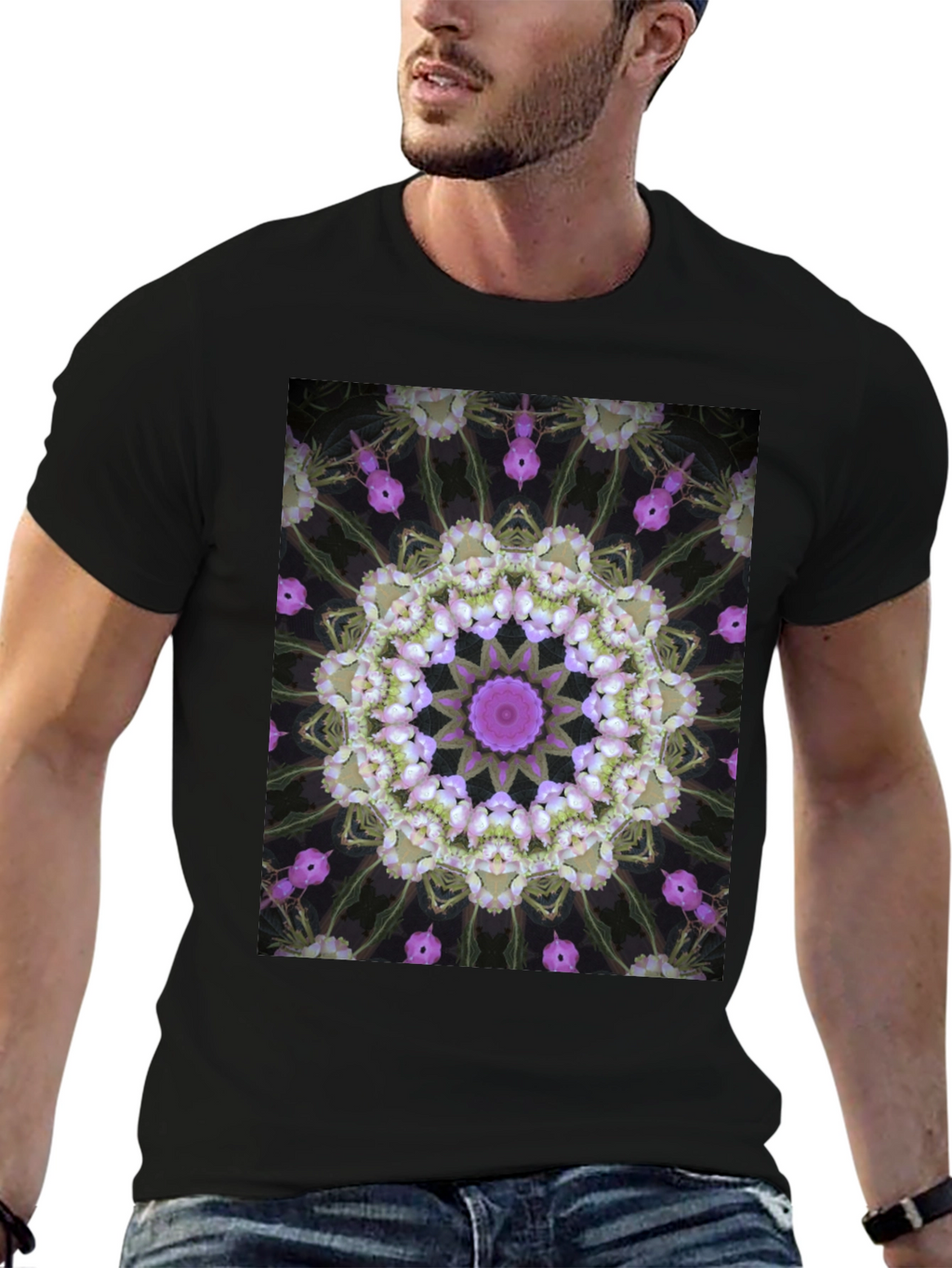 Floral Kaleidoscope Print Black T-Shirt