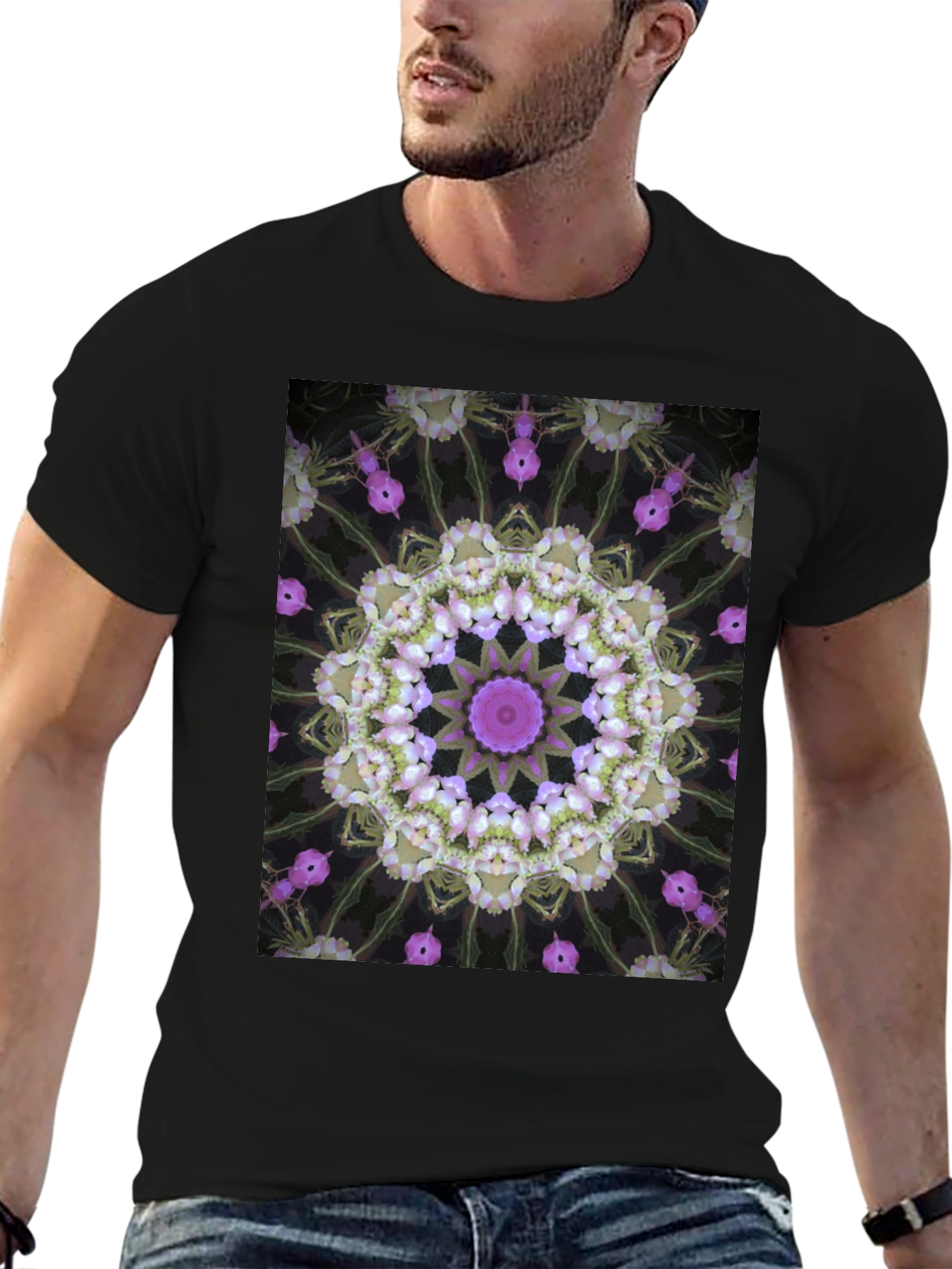 Floral Kaleidoscope Print Black T-Shirt