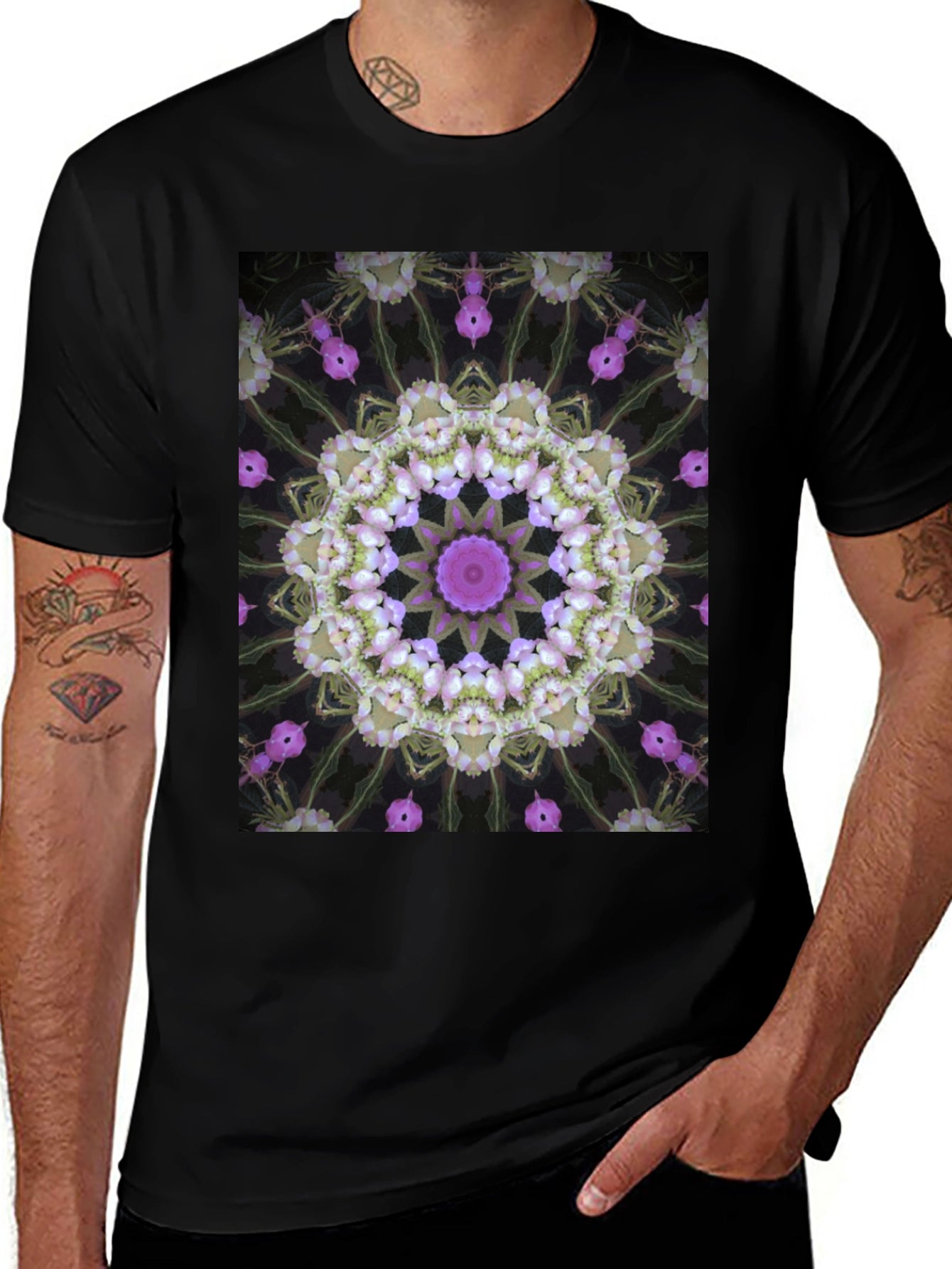 Floral Kaleidoscope Print Black T-Shirt