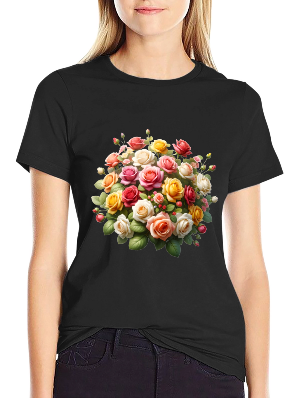 Floral Roses Graphic Black T-Shirt
