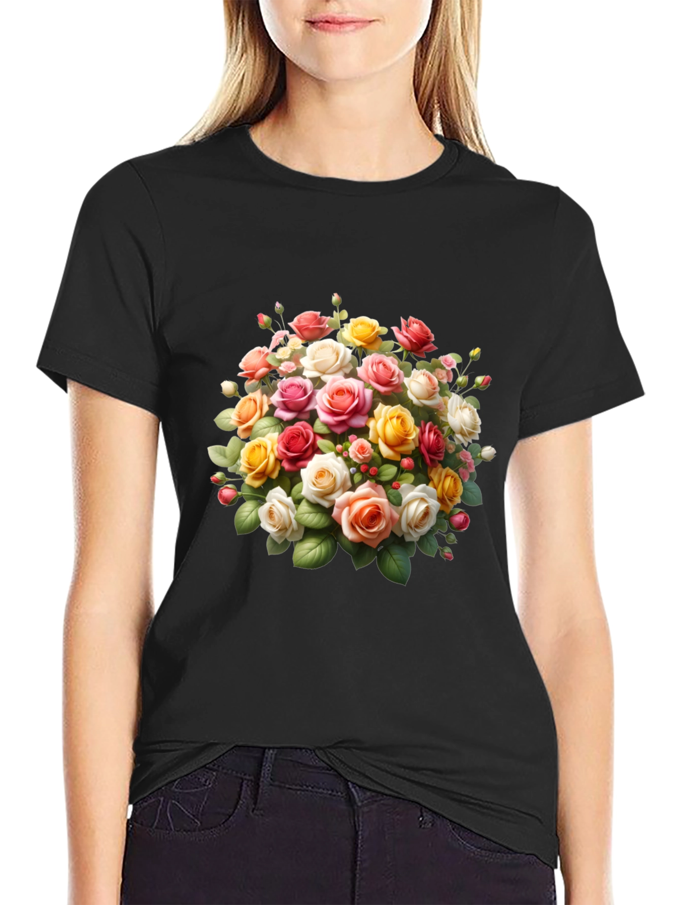 Floral Roses Graphic Black T-Shirt