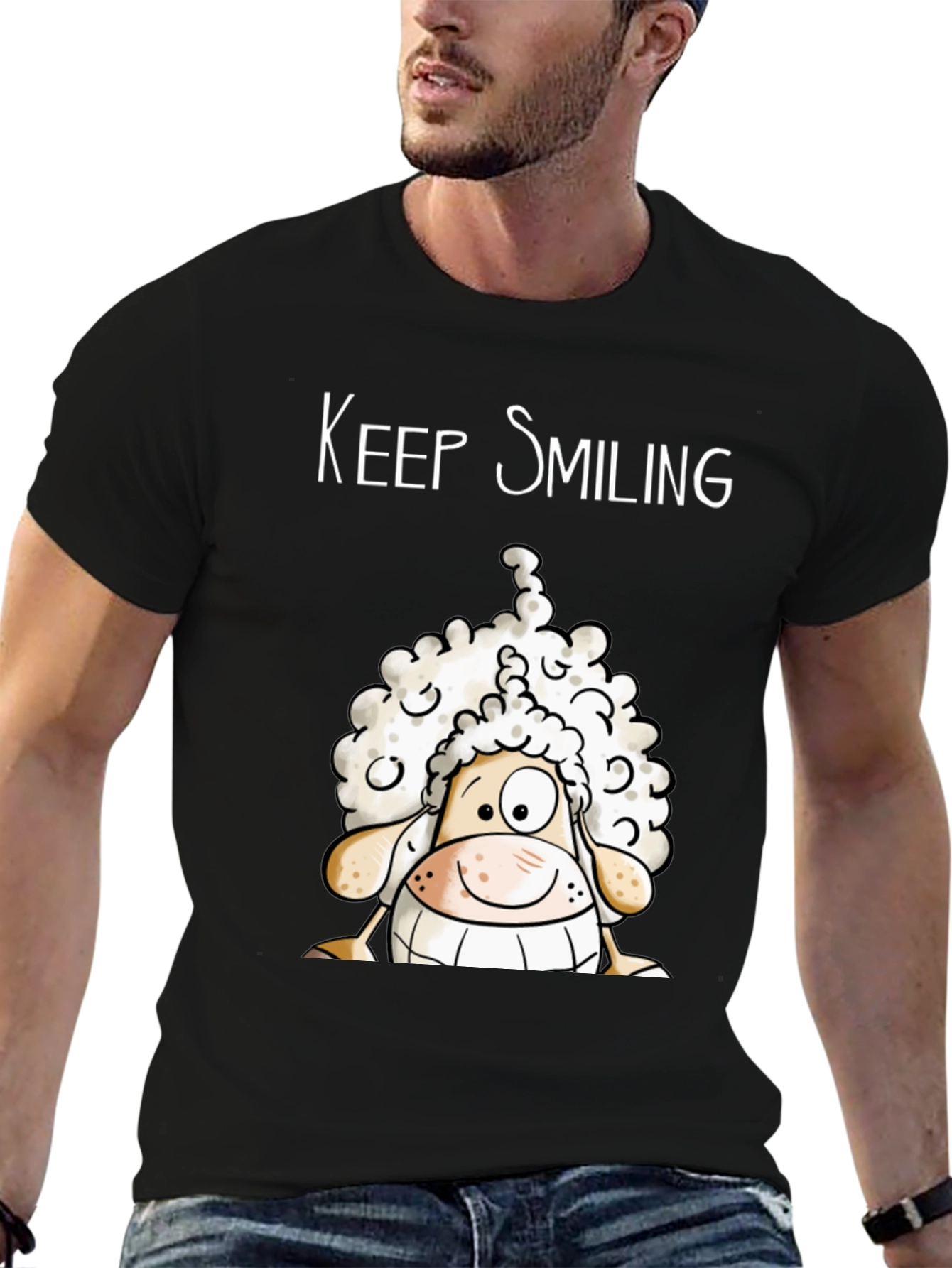 Keep Smiling Sheep T-Shirt - Black Cotton Tee