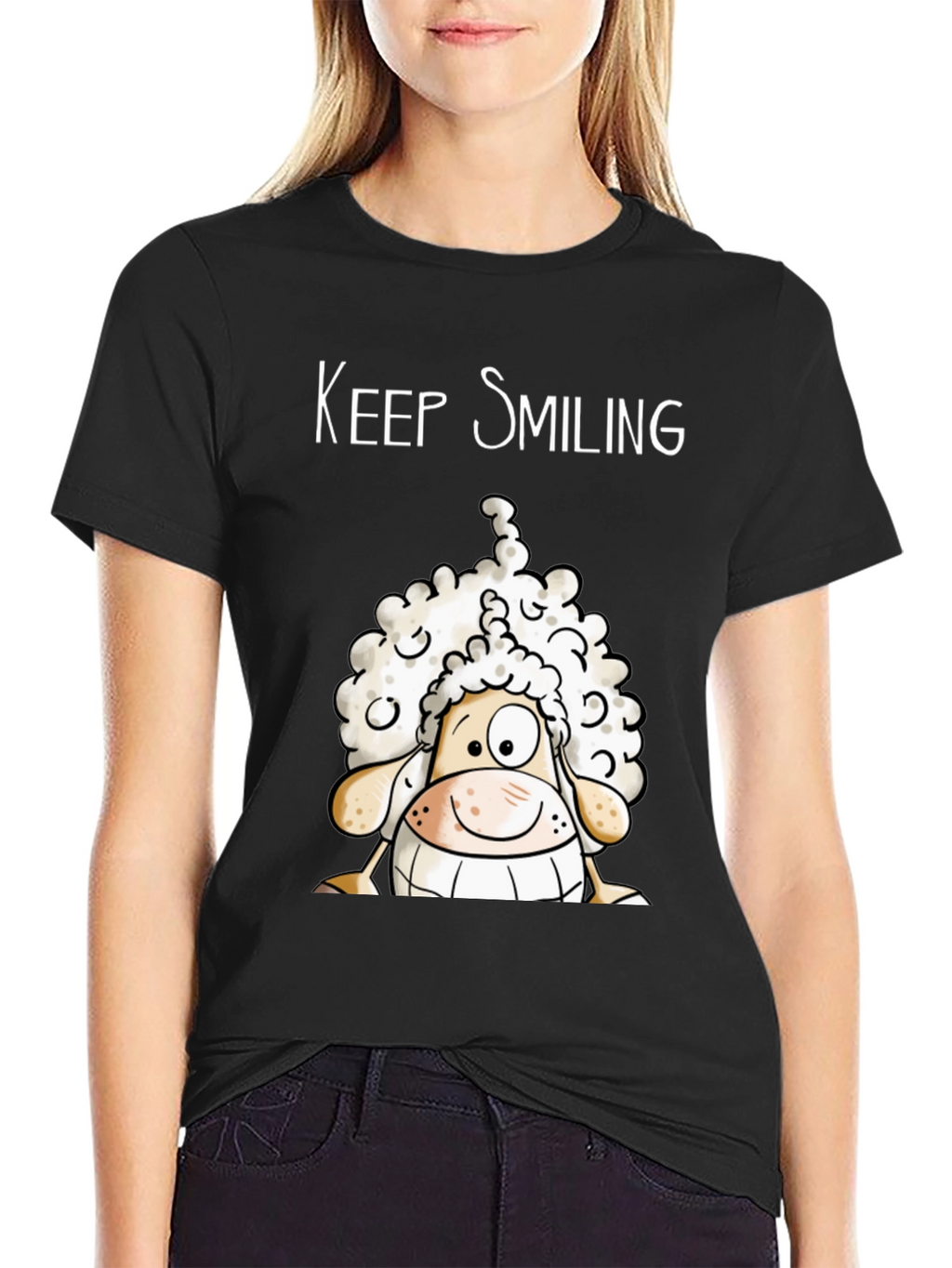 Keep Smiling Sheep T-Shirt - Black Cotton Tee
