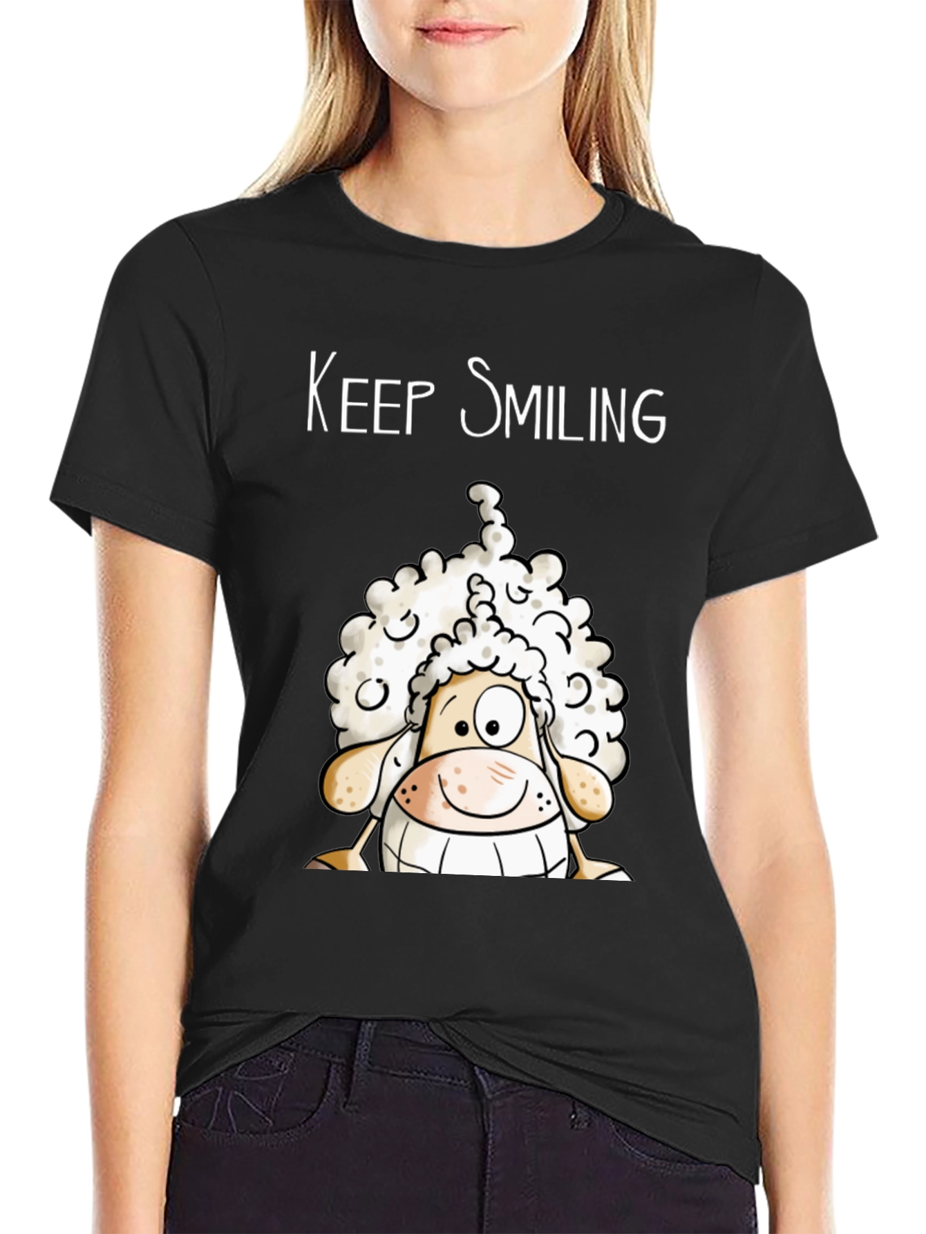 Keep Smiling Sheep T-Shirt - Black Cotton Tee