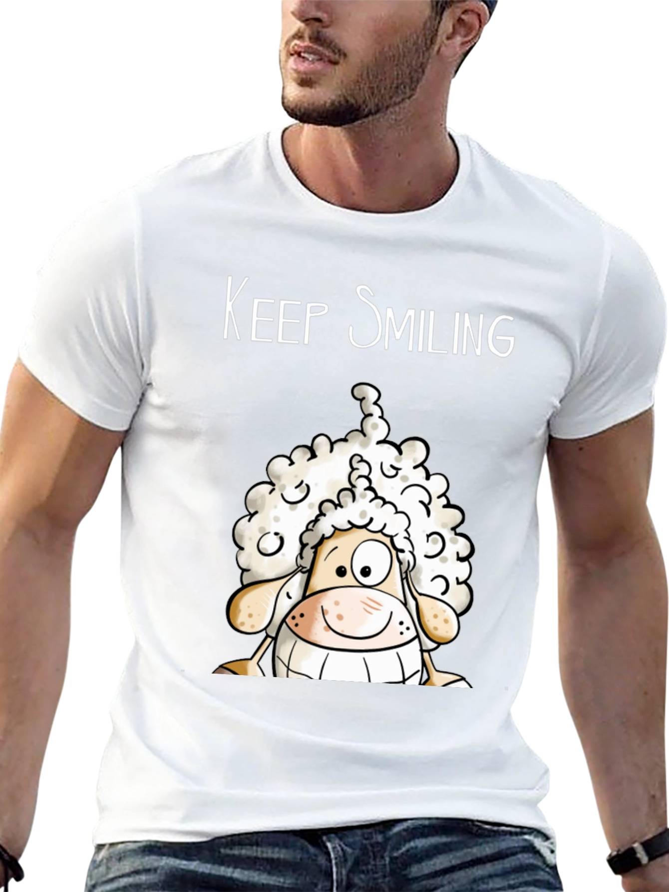 Keep Smiling Sheep T-Shirt - Black Cotton Tee