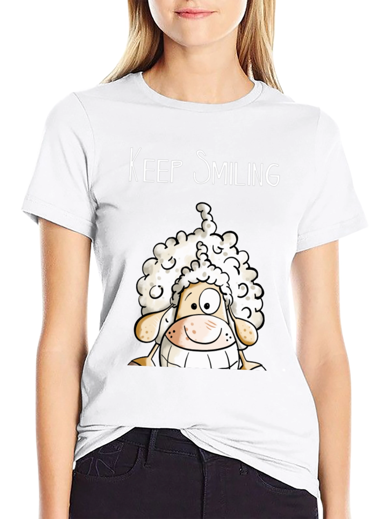 Keep Smiling Sheep T-Shirt - Black Cotton Tee