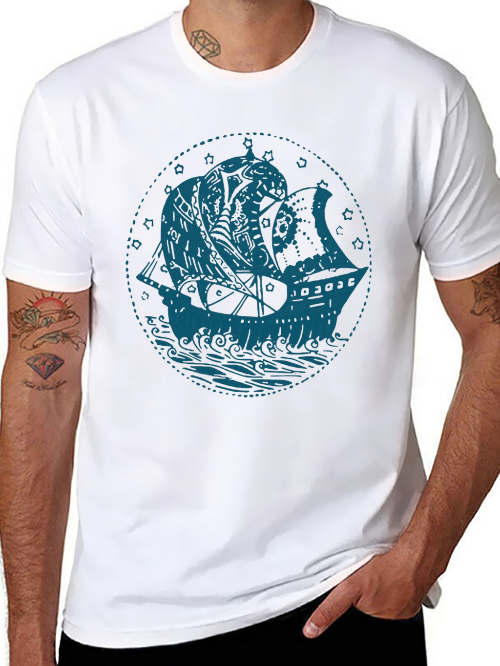 Nautical Ship Graphic T-Shirt - Bold Blue on Black