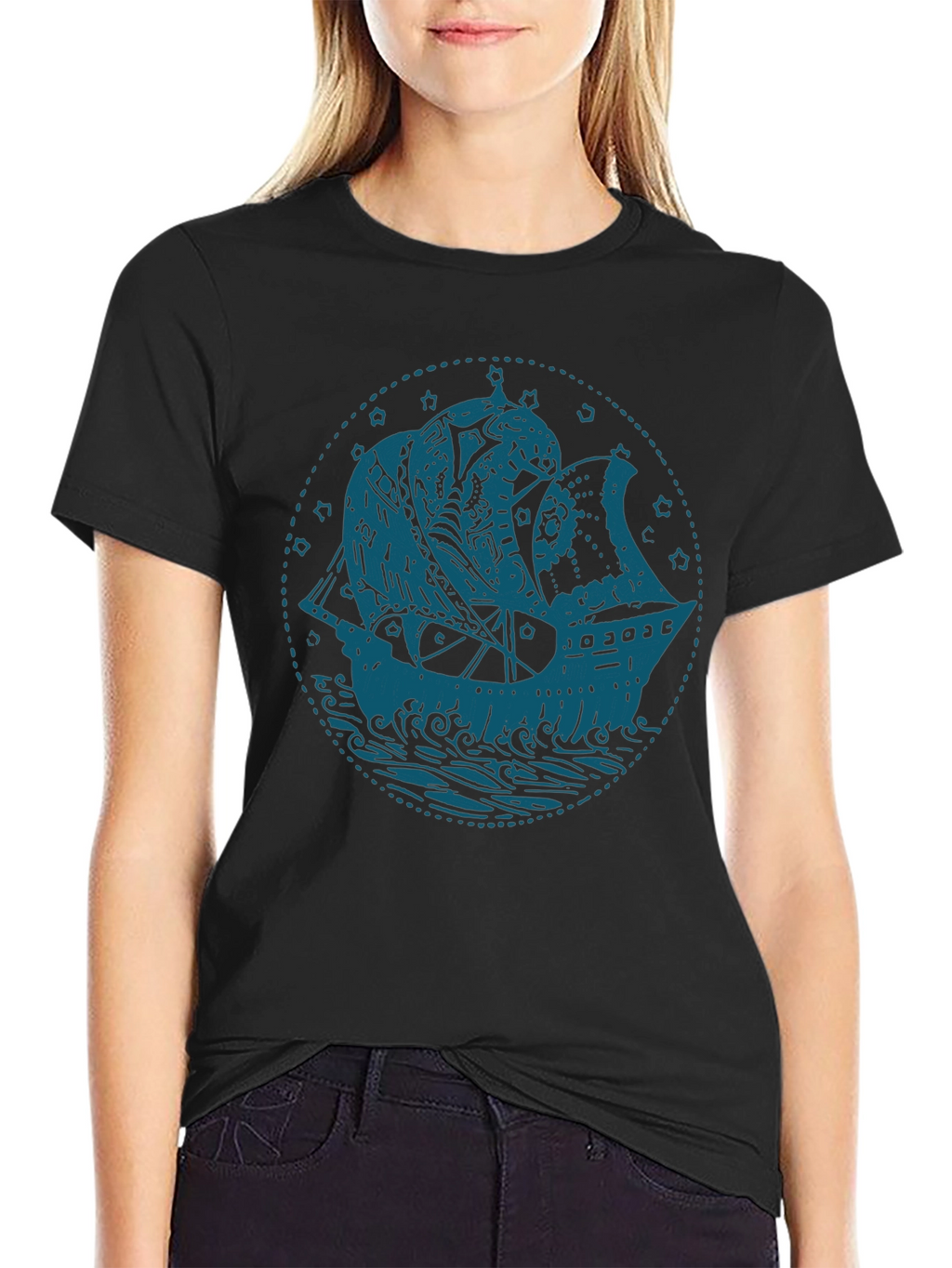 Nautical Ship Graphic T-Shirt - Bold Blue on Black