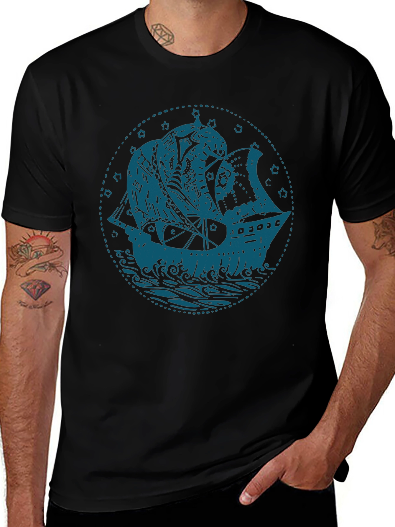 Nautical Ship Graphic T-Shirt - Bold Blue on Black