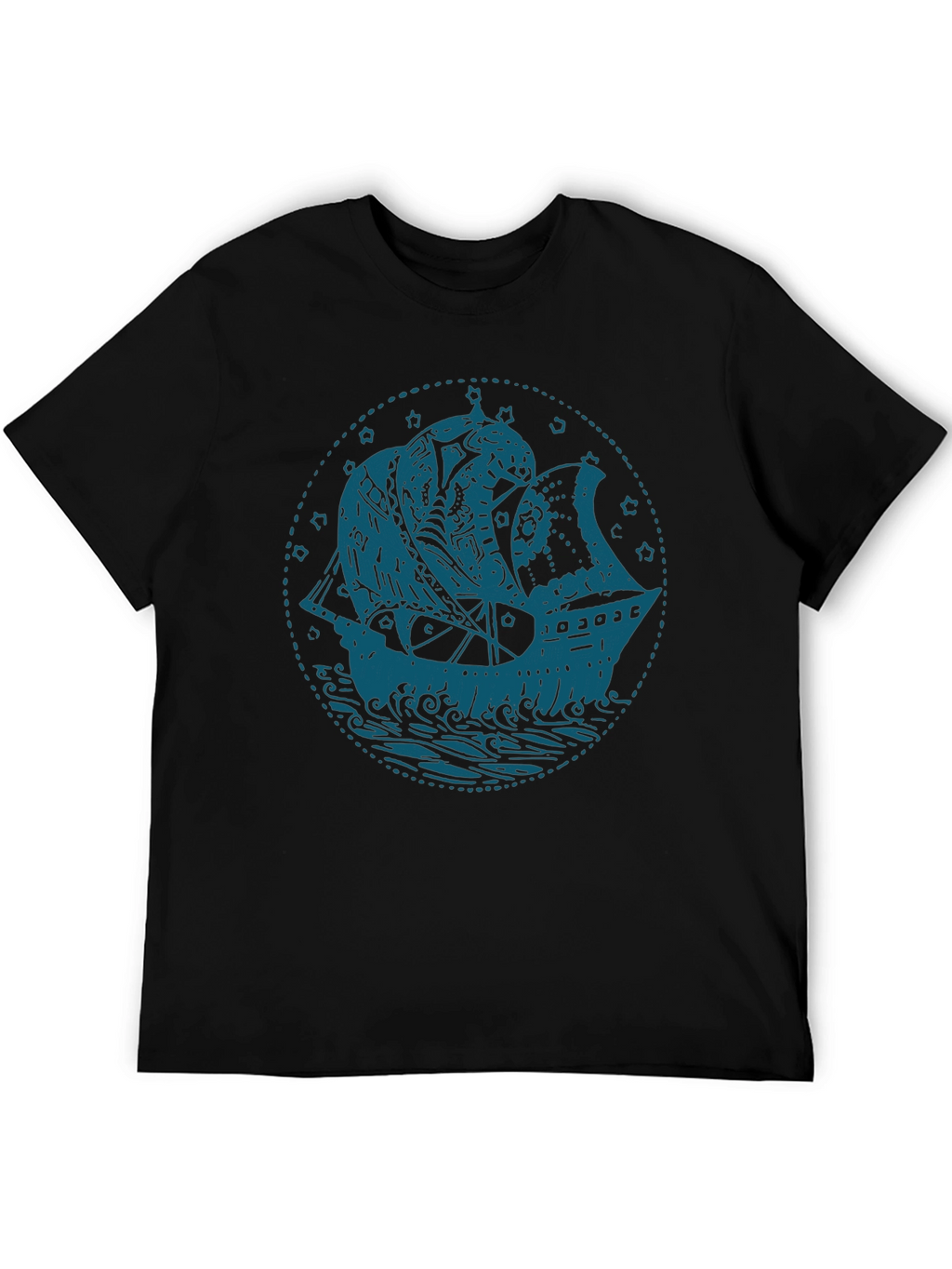 Nautical Ship Graphic T-Shirt - Bold Blue on Black