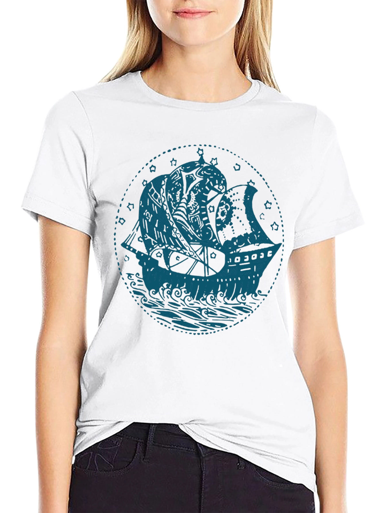 Nautical Ship Graphic T-Shirt - Bold Blue on Black