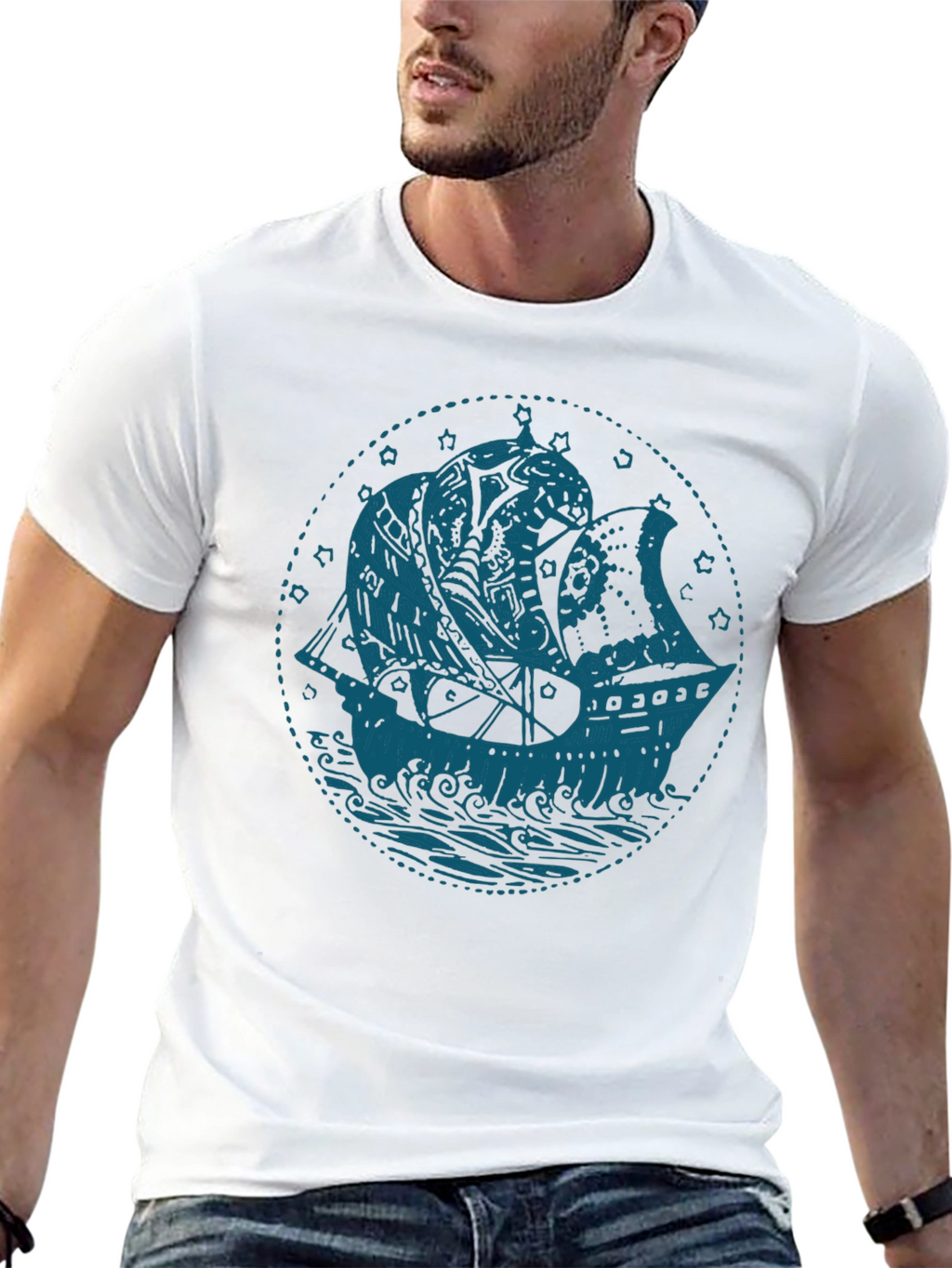 Nautical Ship Graphic T-Shirt - Bold Blue on Black