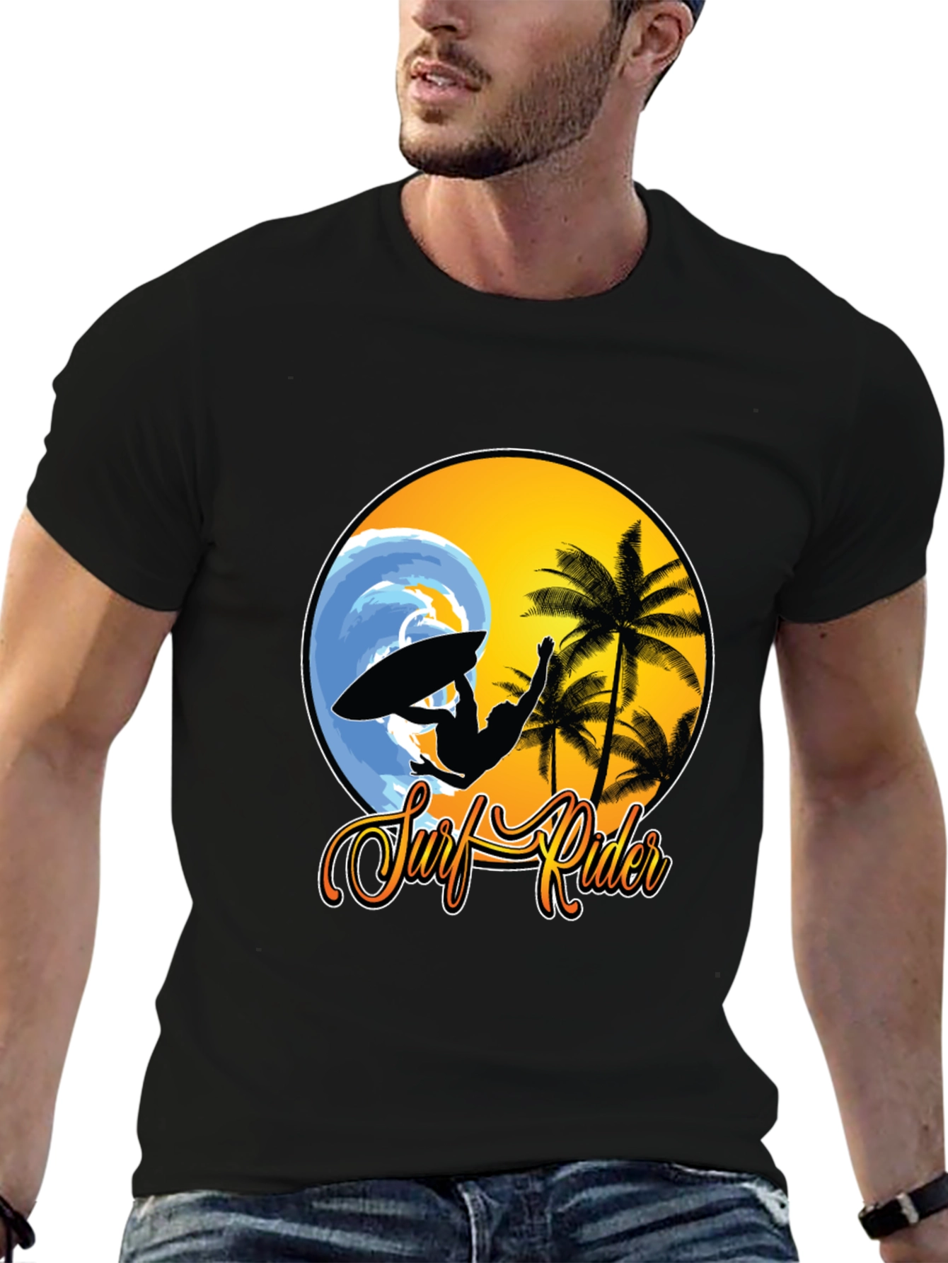 Surf Rider Graphic Tee - Black Cotton T-Shirt