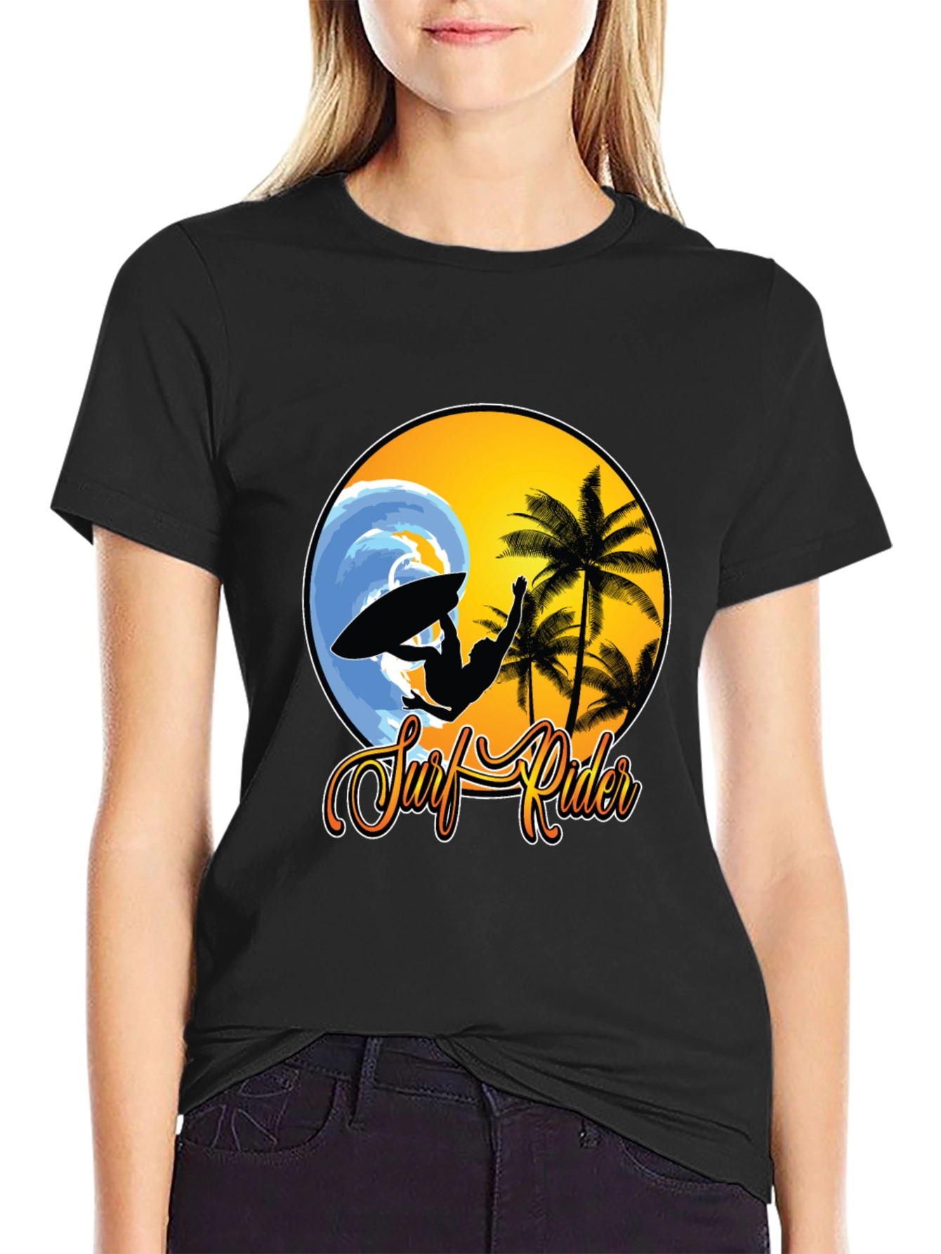 Surf Rider Graphic Tee - Black Cotton T-Shirt