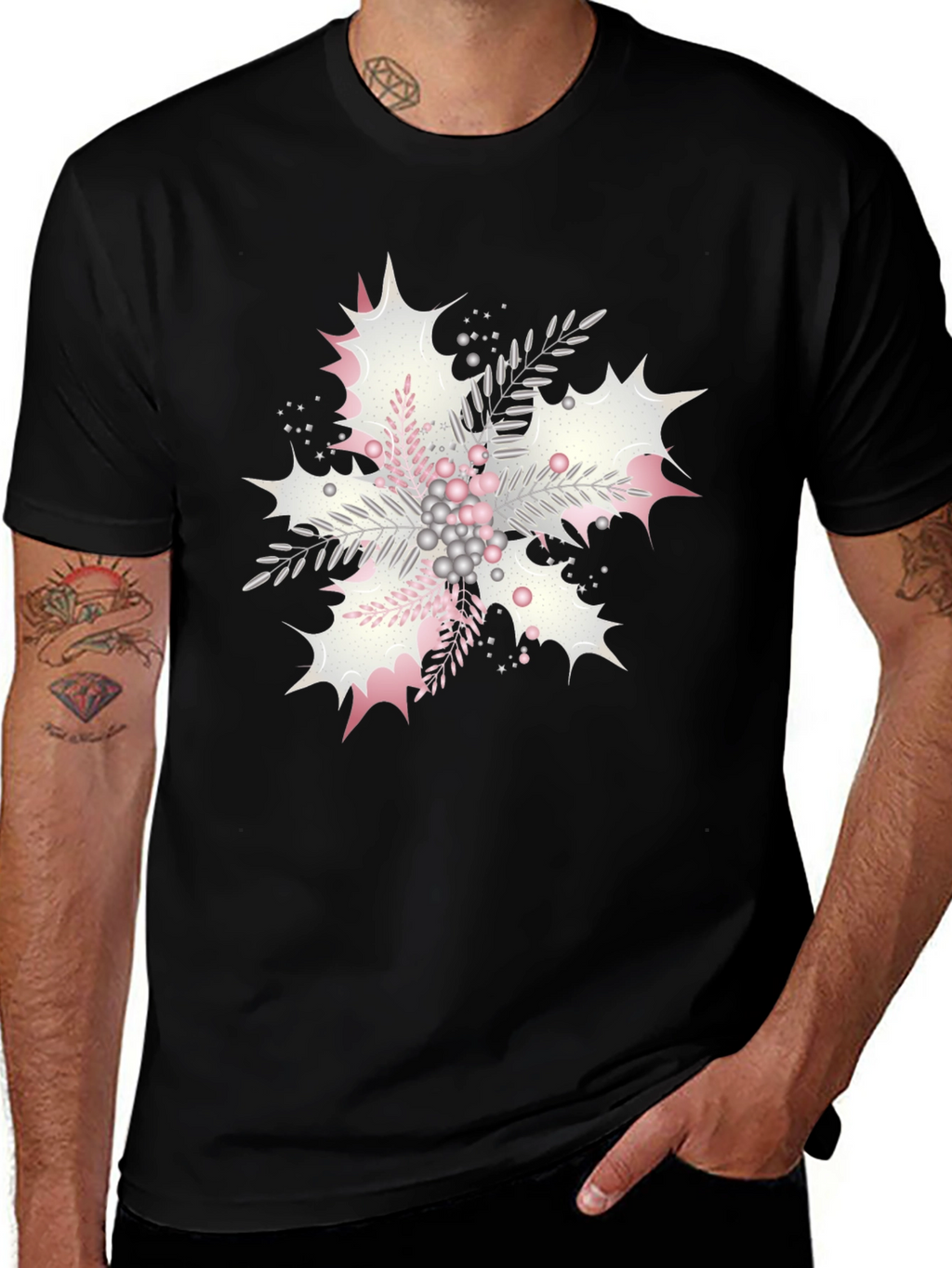 Floral Snowflake Graphic Print Black Tee