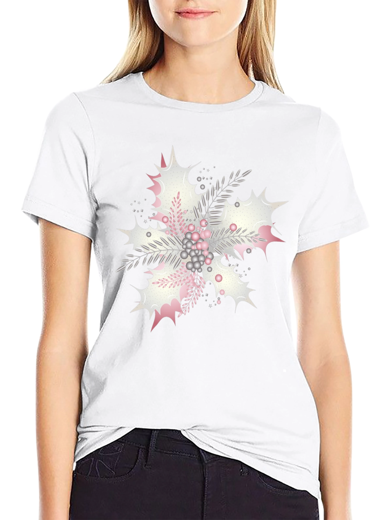 Floral Snowflake Graphic Print Black Tee