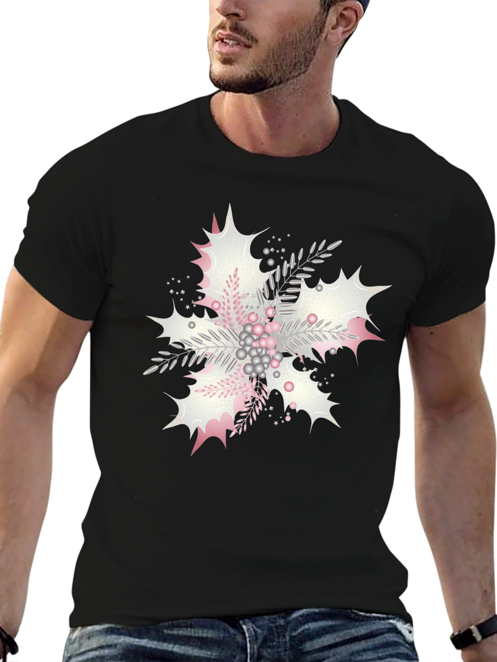 Floral Snowflake Graphic Print Black Tee