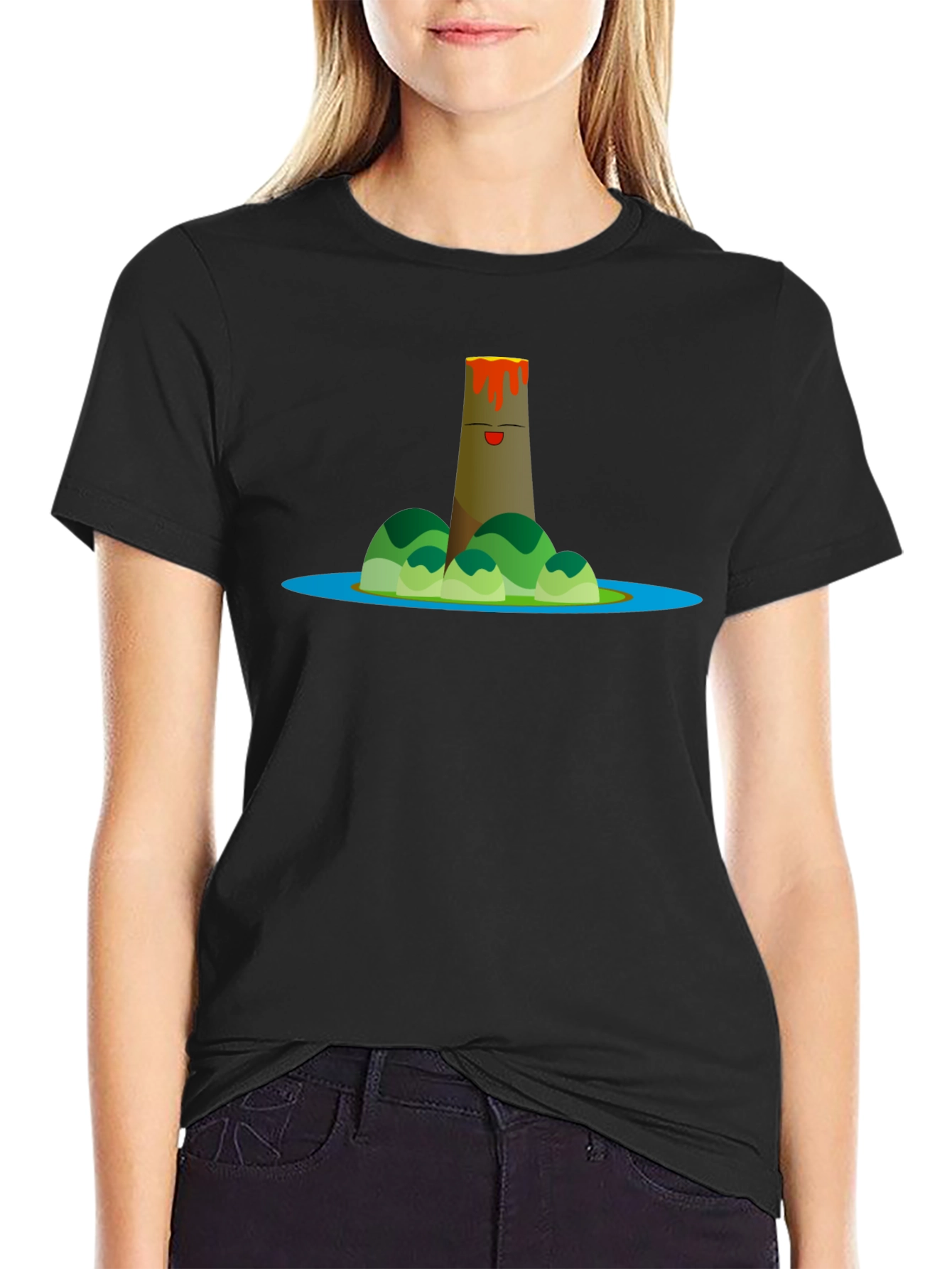 Volcano Island Cartoon Graphic Black T-Shirt