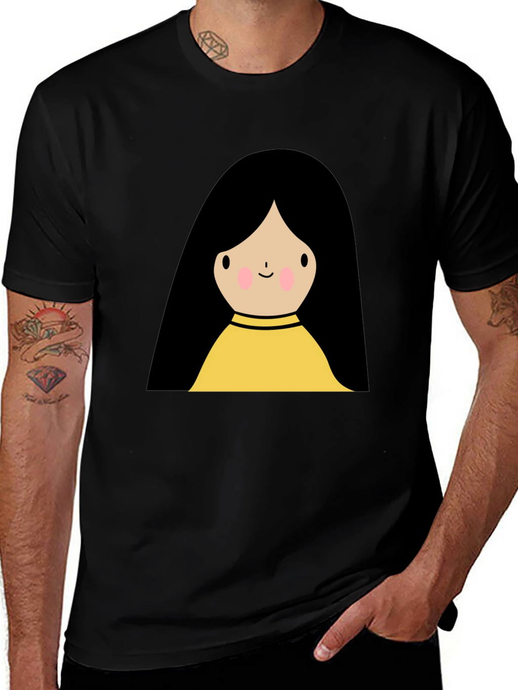 Cute Cartoon Girl Graphic Black T-Shirt