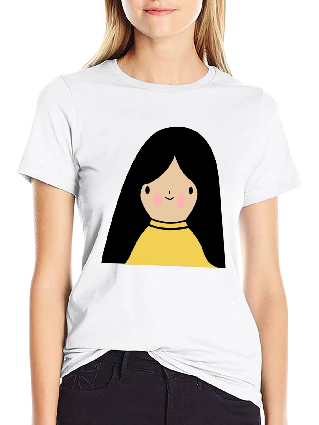 Cute Cartoon Girl Graphic Black T-Shirt