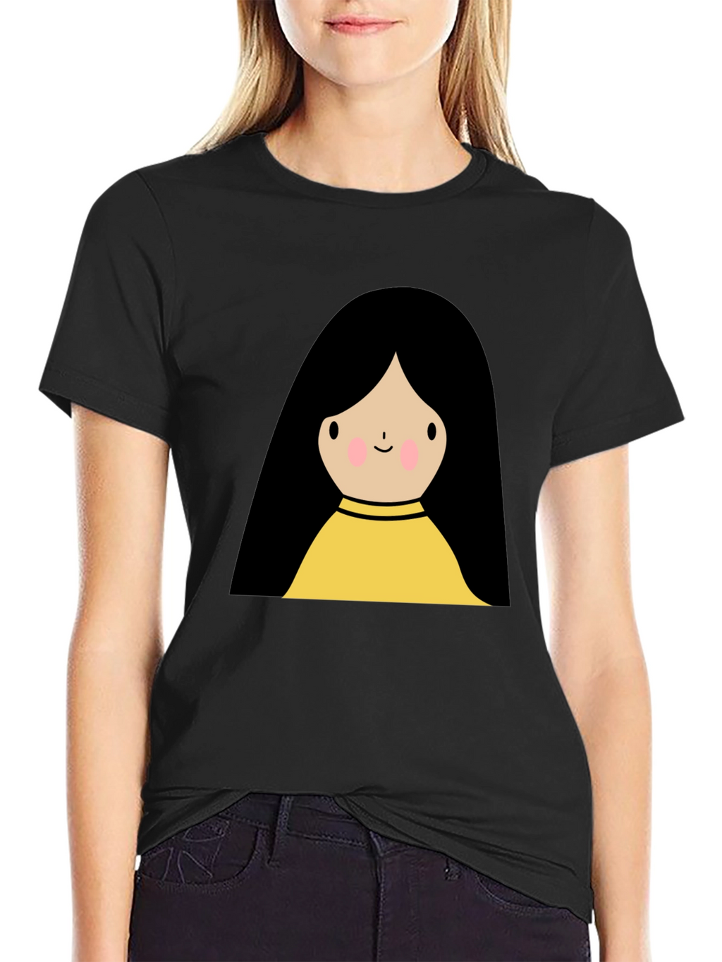 Cute Cartoon Girl Graphic Black T-Shirt