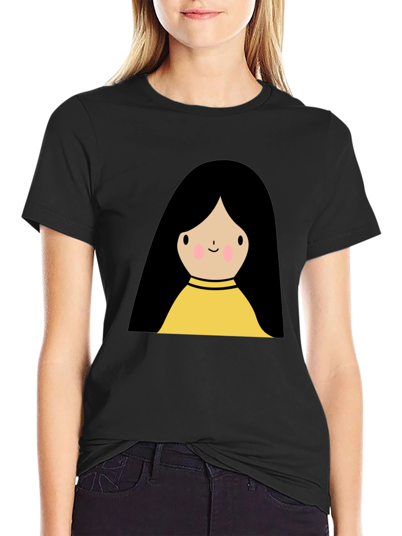 Cute Cartoon Girl Graphic Black T-Shirt