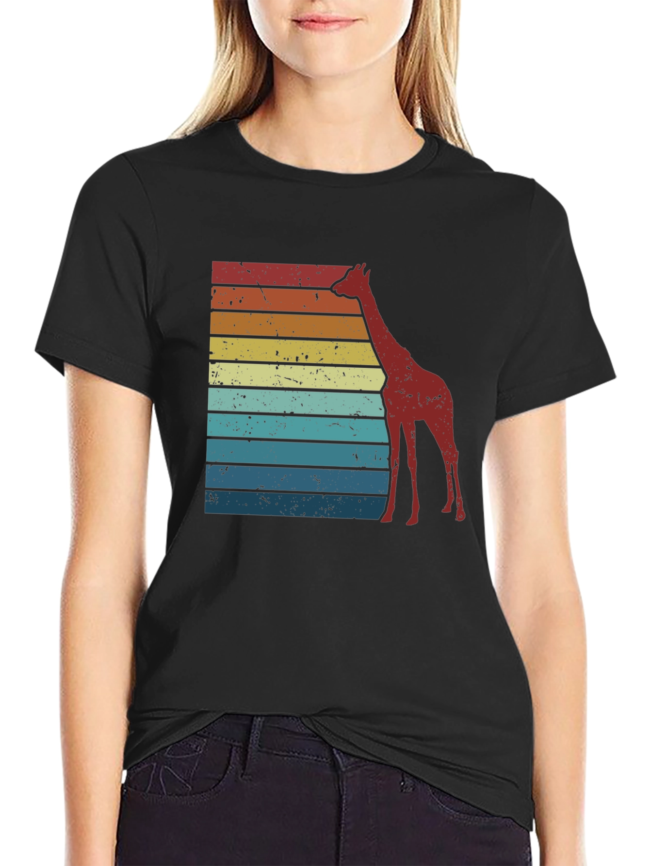 Retro Giraffe Striped Tee - Black Graphic T-Shirt
