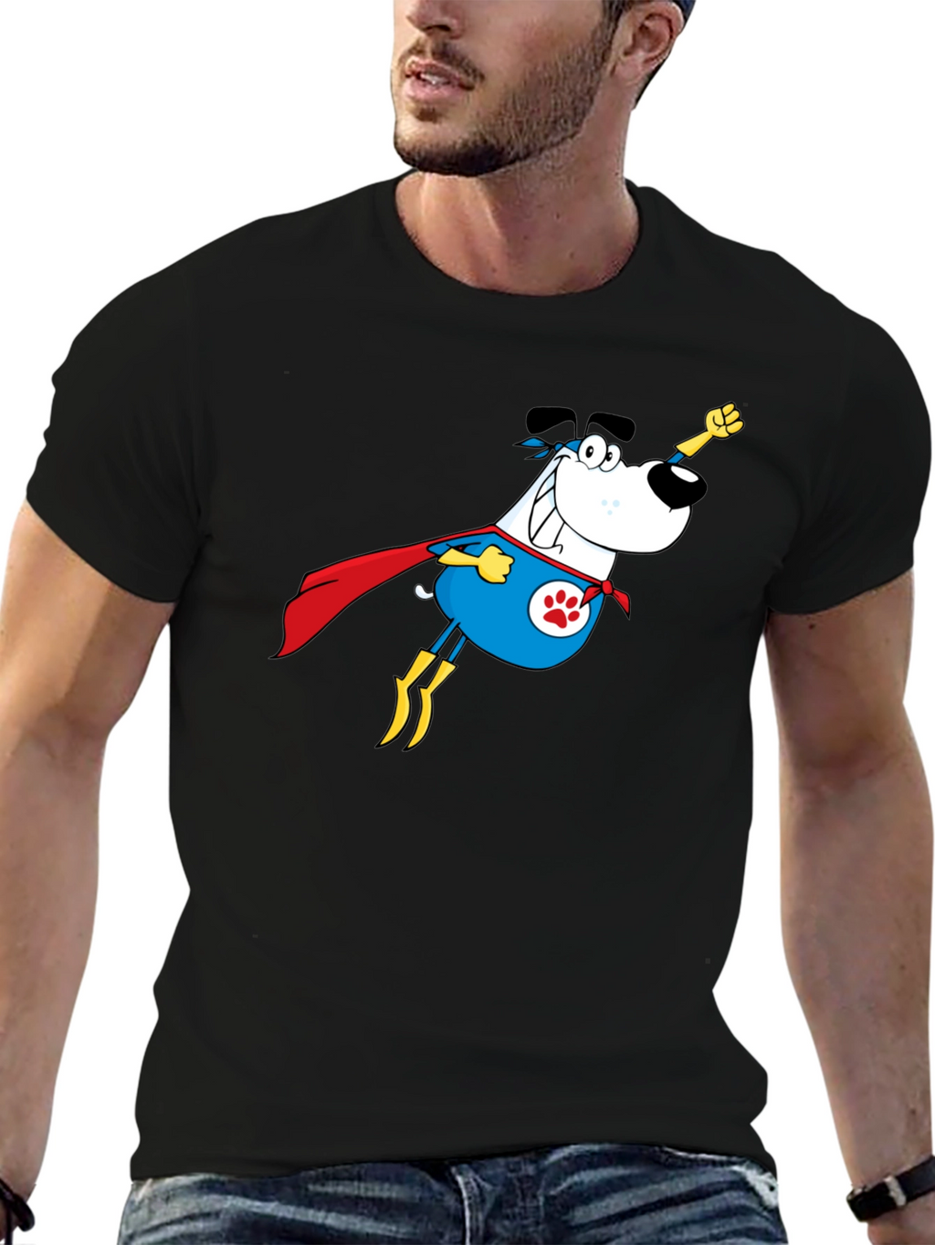 Superhero Dog Graphic Tee - Black Cotton T-Shirt