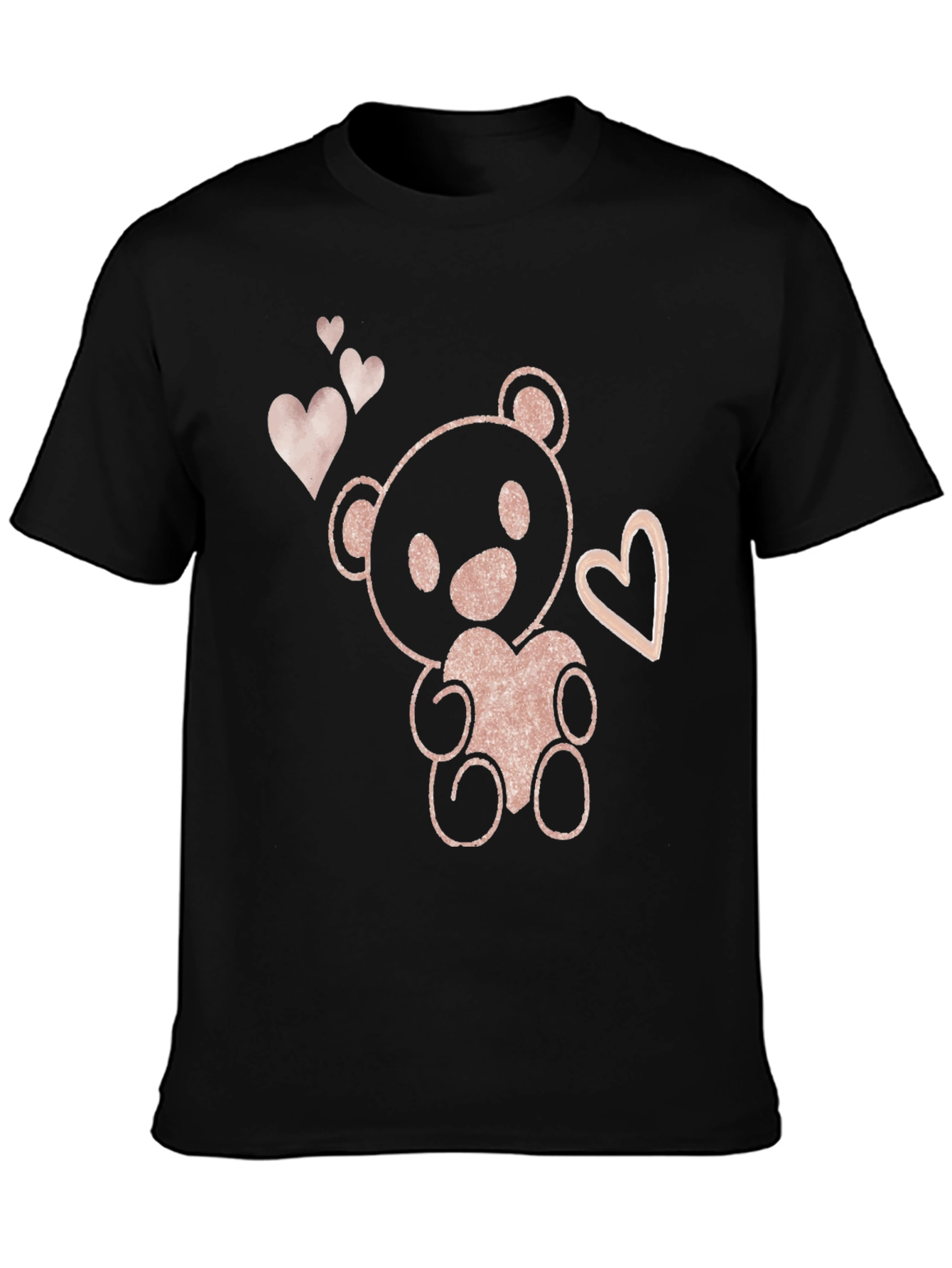 Cute Teddy Bear Heart Graphic Tee - Black