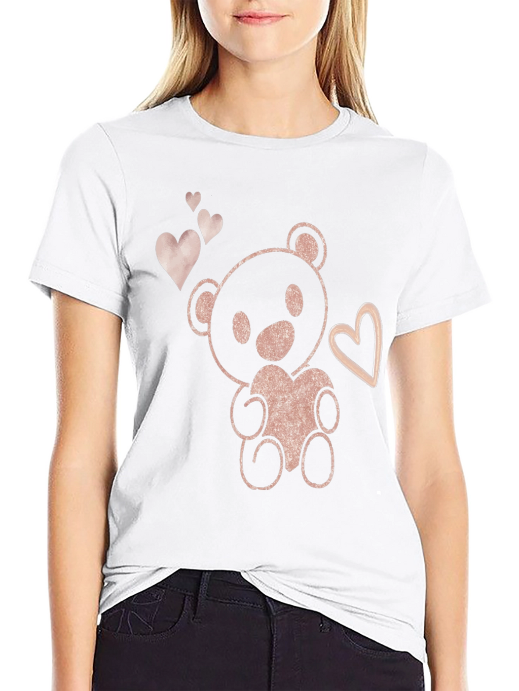 Cute Teddy Bear Heart Graphic Tee - Black