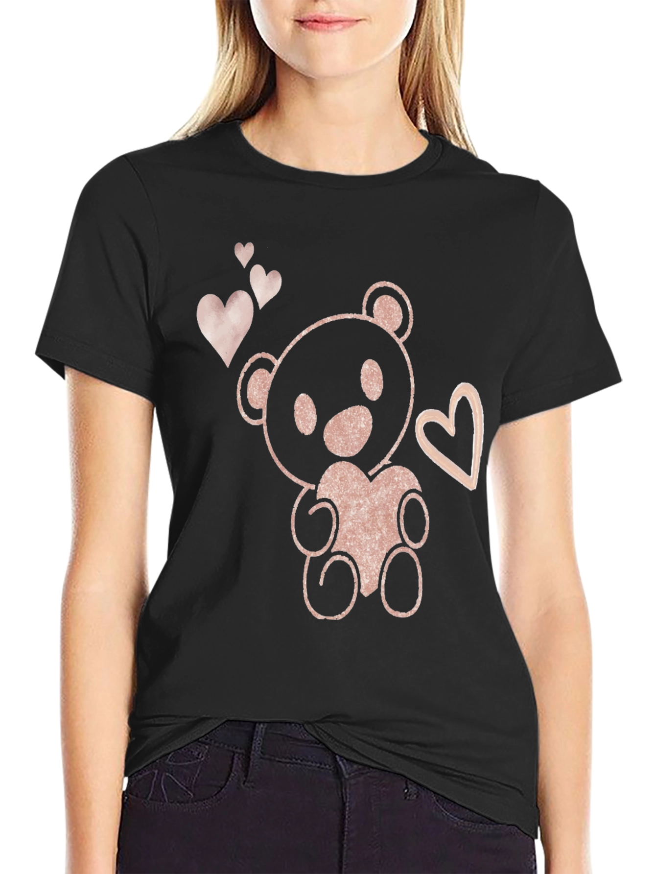 Cute Teddy Bear Heart Graphic Tee - Black