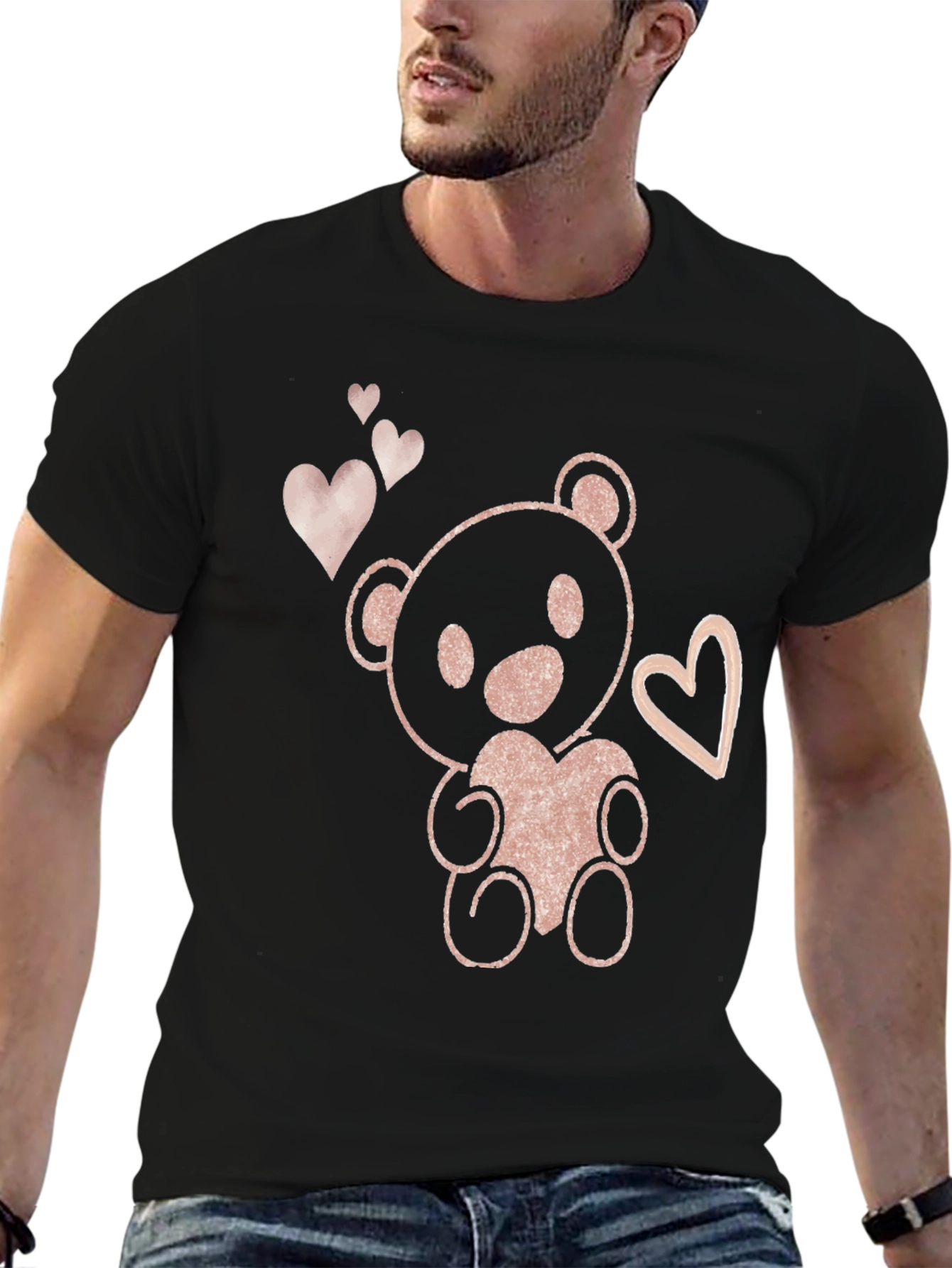 Cute Teddy Bear Heart Graphic Tee - Black