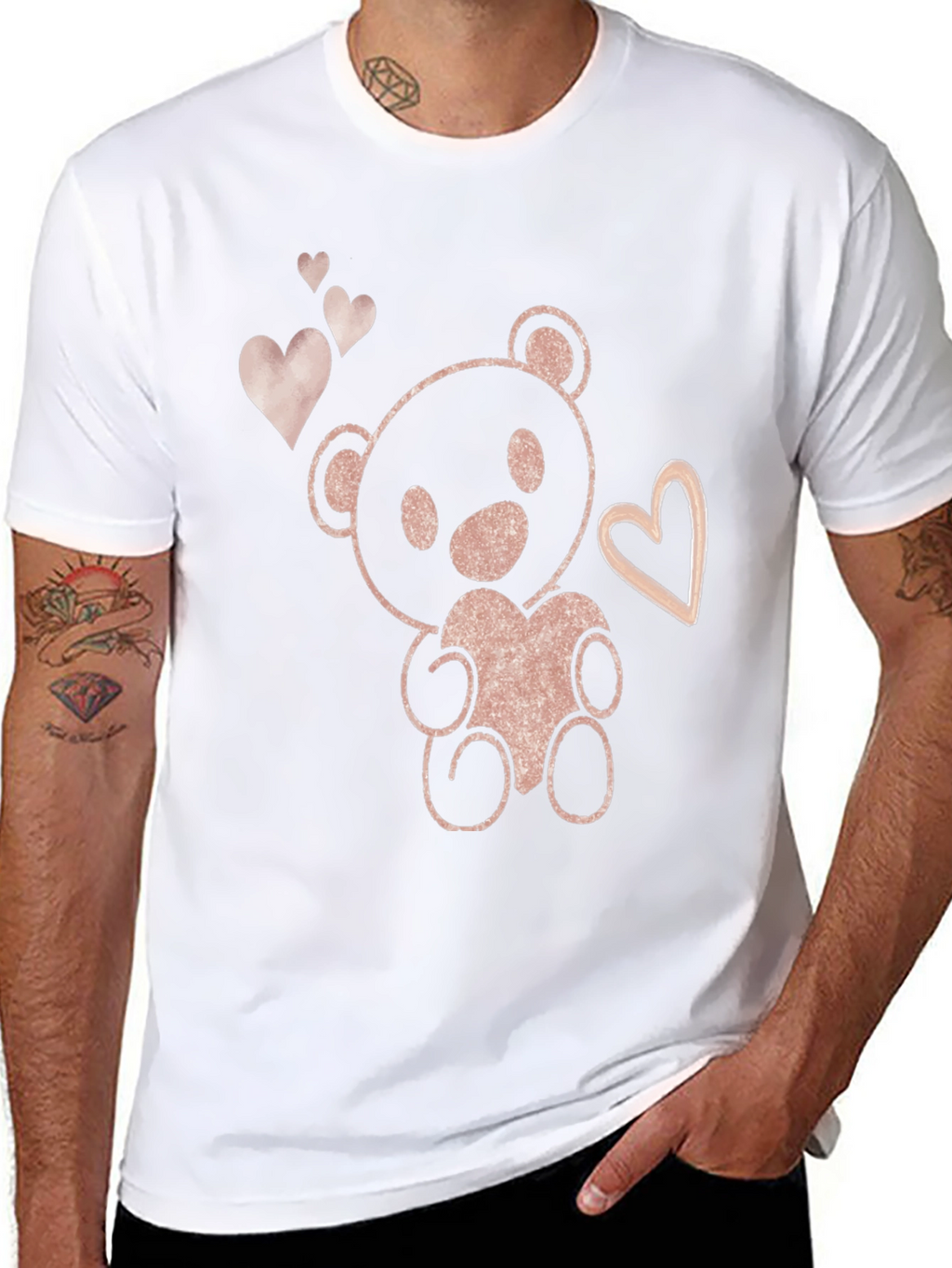 Cute Teddy Bear Heart Graphic Tee - Black