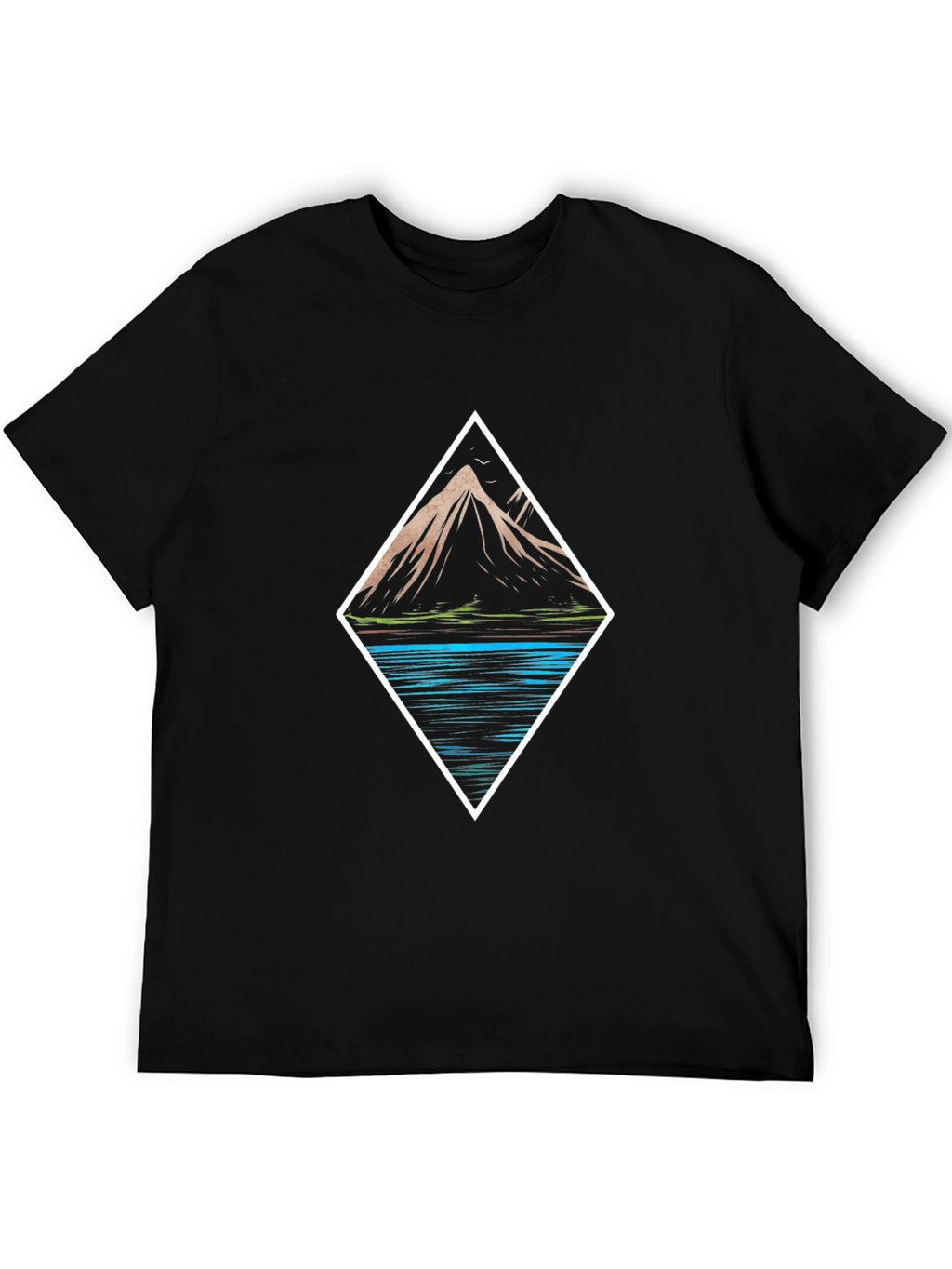Mountain & Lake Graphic Tee - Black Cotton T-Shirt