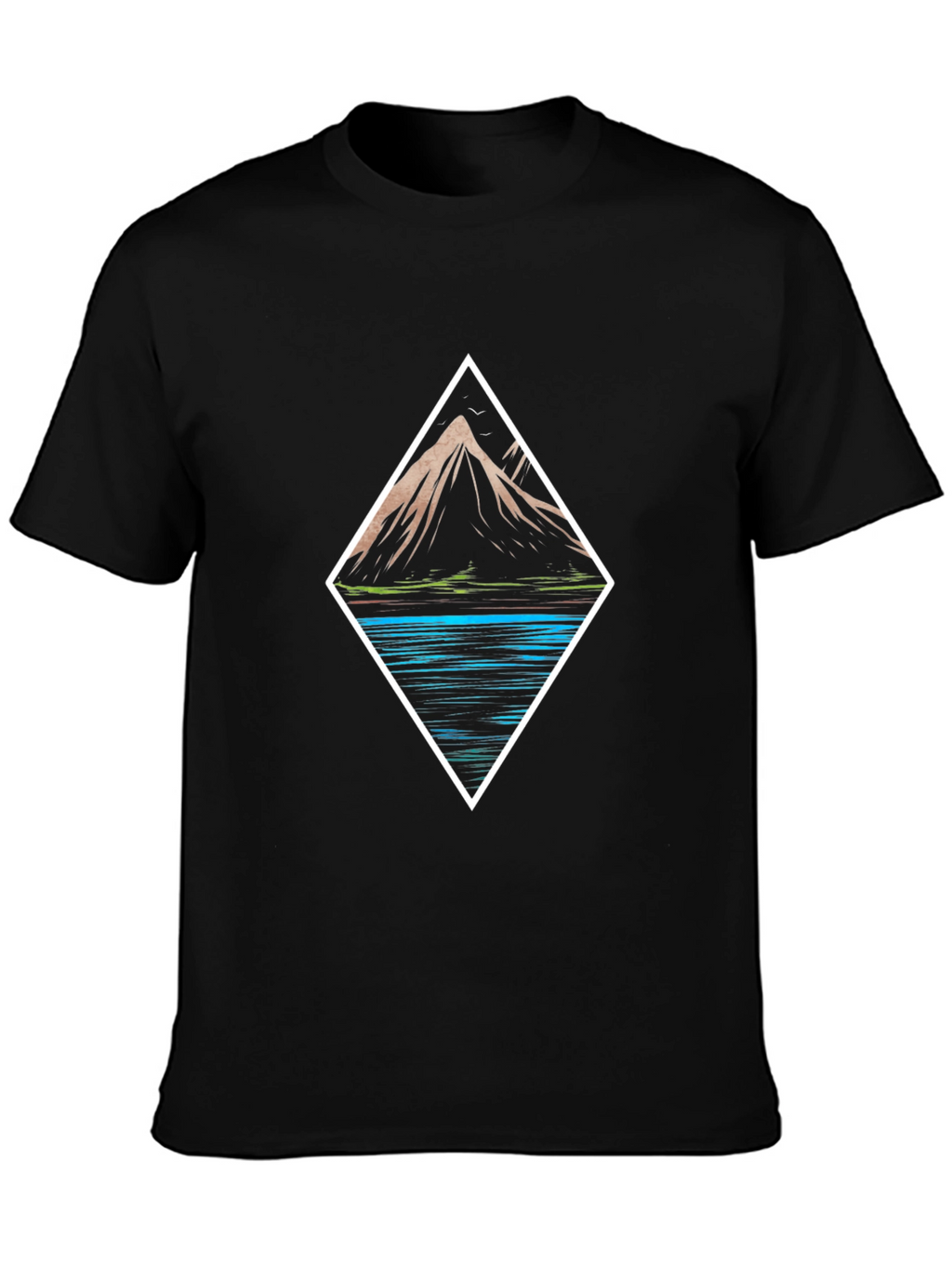 Mountain & Lake Graphic Tee - Black Cotton T-Shirt
